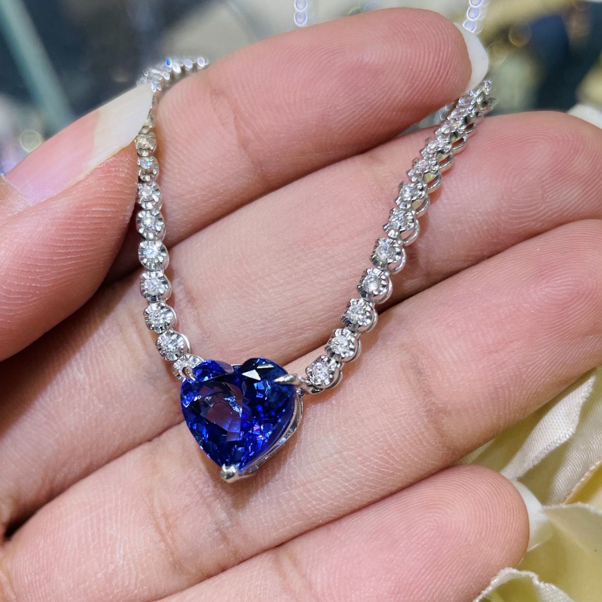 Diamond Tennis Necklace with Heart Shape Tanzanite (etsy image id: 3971009558)