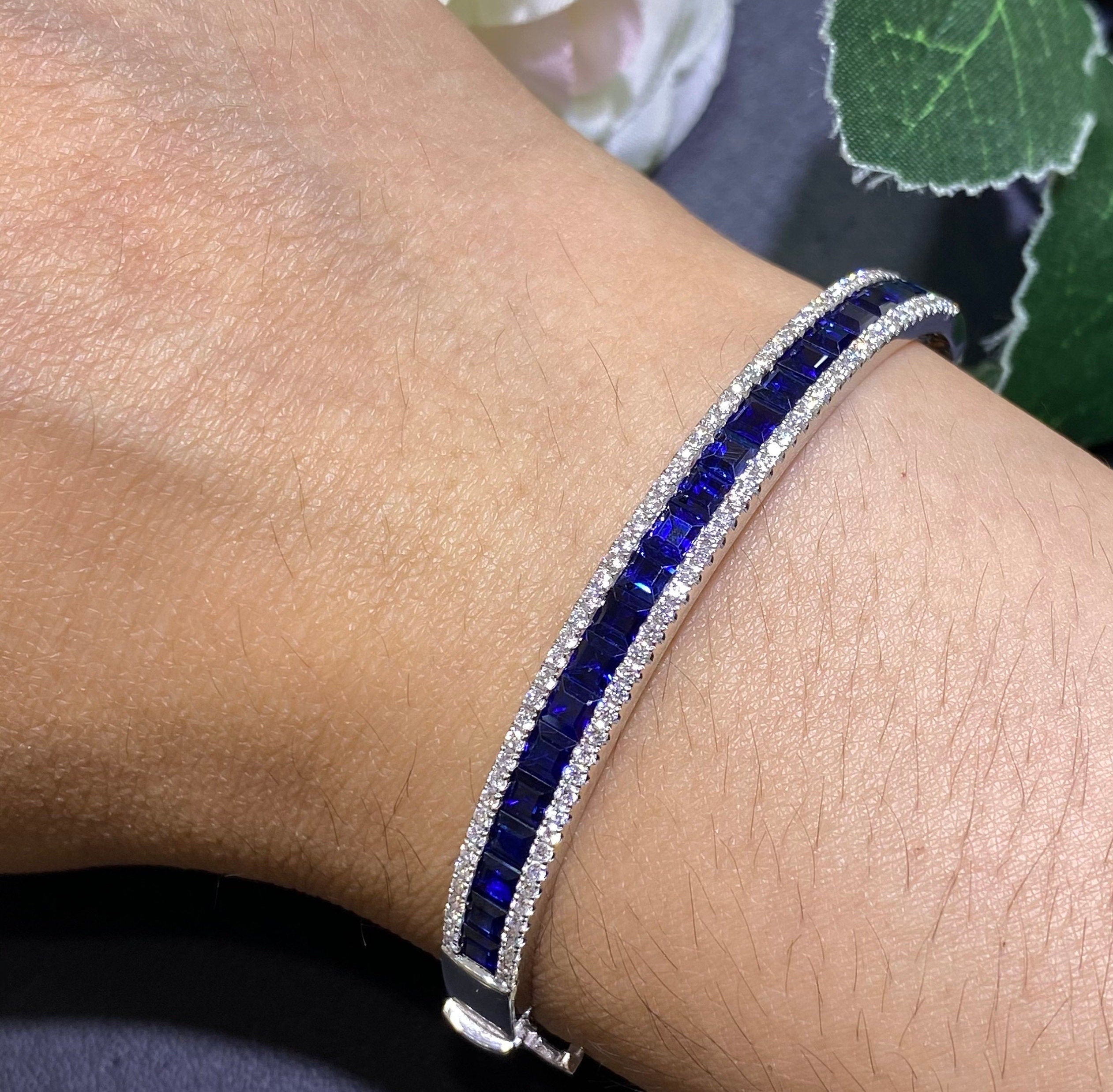 18K White Gold Diamond Bangle 1ct Round Cut Diamonds 5.36ct Sapphires all natural (etsy image id: 4060667238)