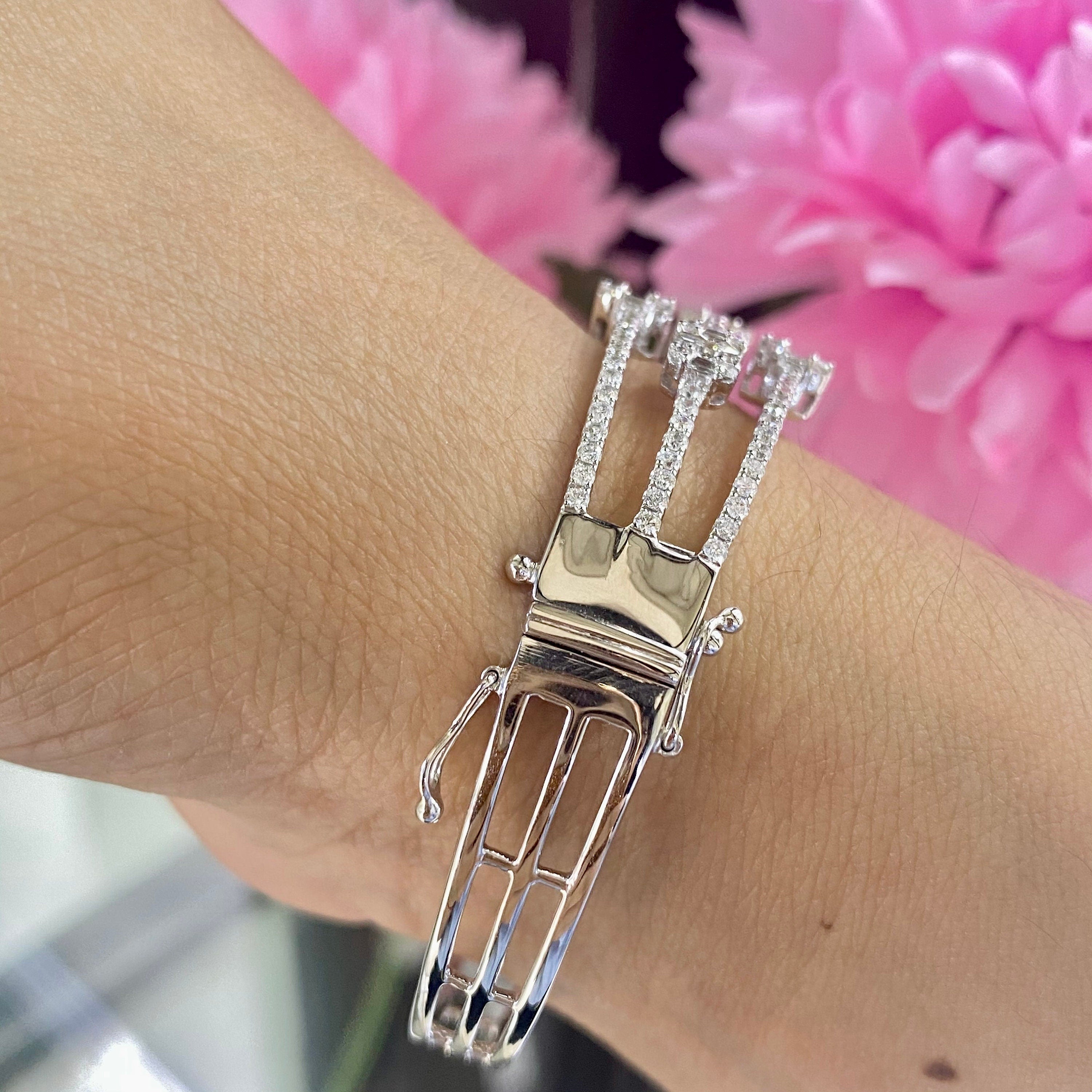 White Gold Three Row Baguette and Round Cut Diamond Bangle (etsy image id: 4075177512)