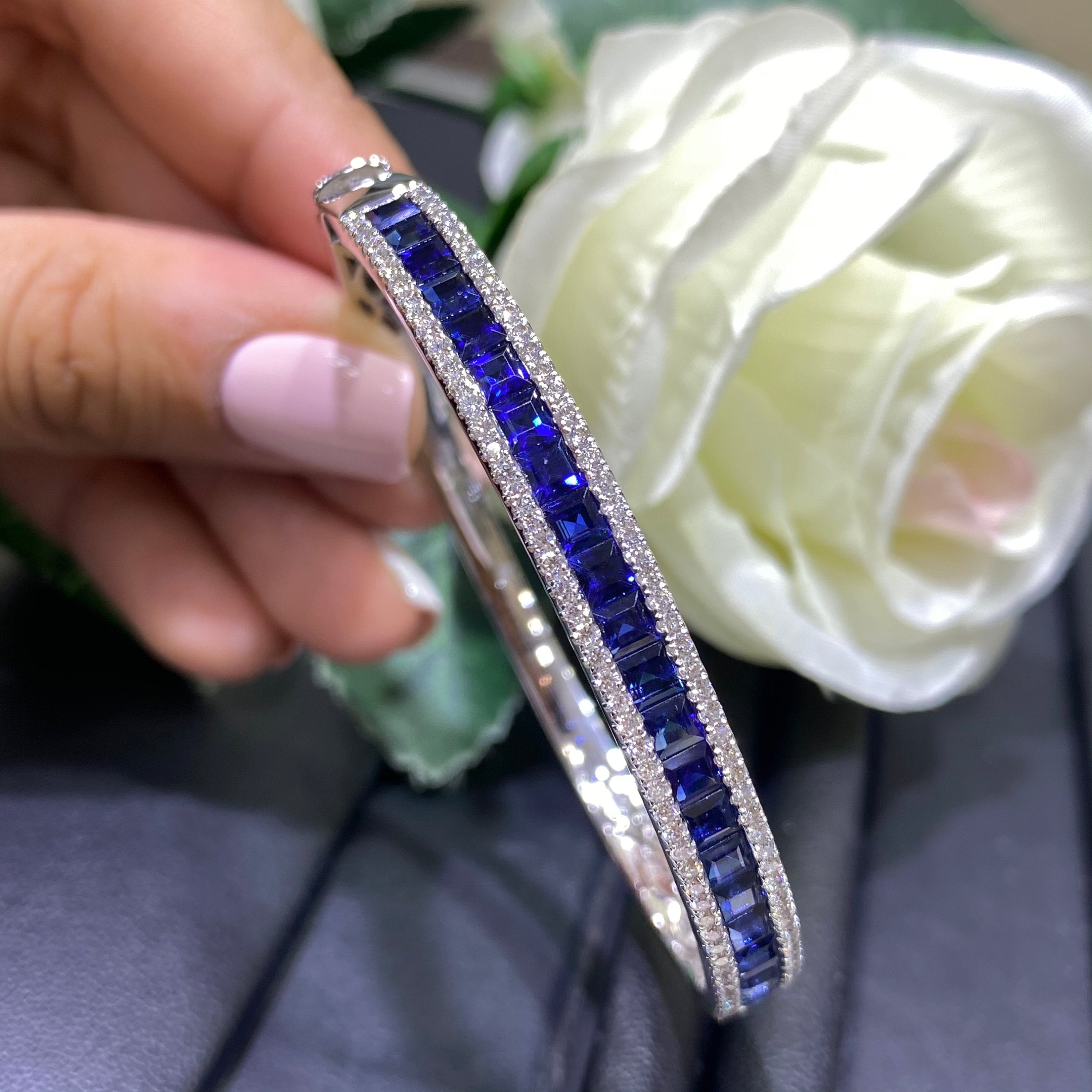 18K White Gold Diamond Bangle 1ct Round Cut Diamonds 5.36ct Sapphires all natural (etsy image id: 4108306683)