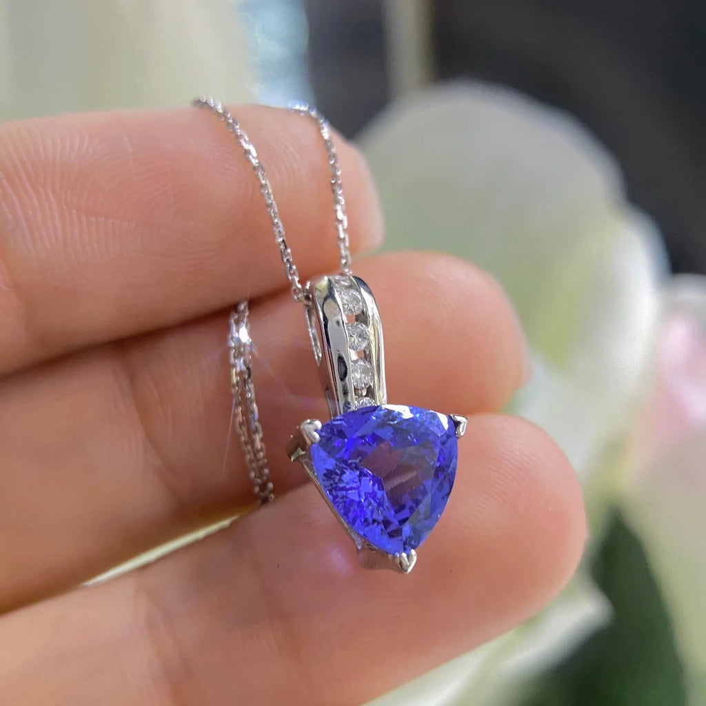 14K White Gold Pendant Necklace with 2.50ct Blue Tanzanite &amp; 0.11ct Diamonds – 16” Chain