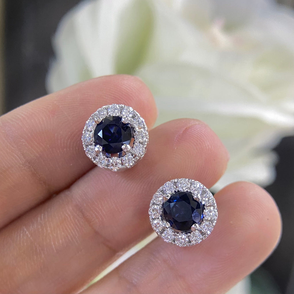 Diamond and blue Sapphire earrings  halo design set in 14K WHITE GOLDSDER035 I,TJJ __etsy:4187366008