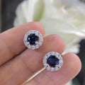 Diamond and blue Sapphire earrings  halo design set in 14K WHITE GOLDSDER035 I,TJJ __etsy:4187366008