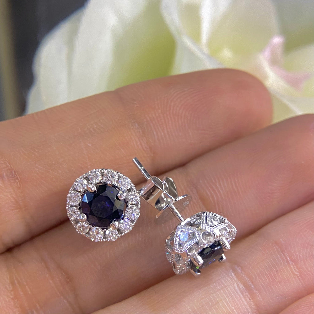 Diamond and blue Sapphire earrings  halo design set in 14K WHITE GOLDSDER035 I,TJJ __etsy:4187366630