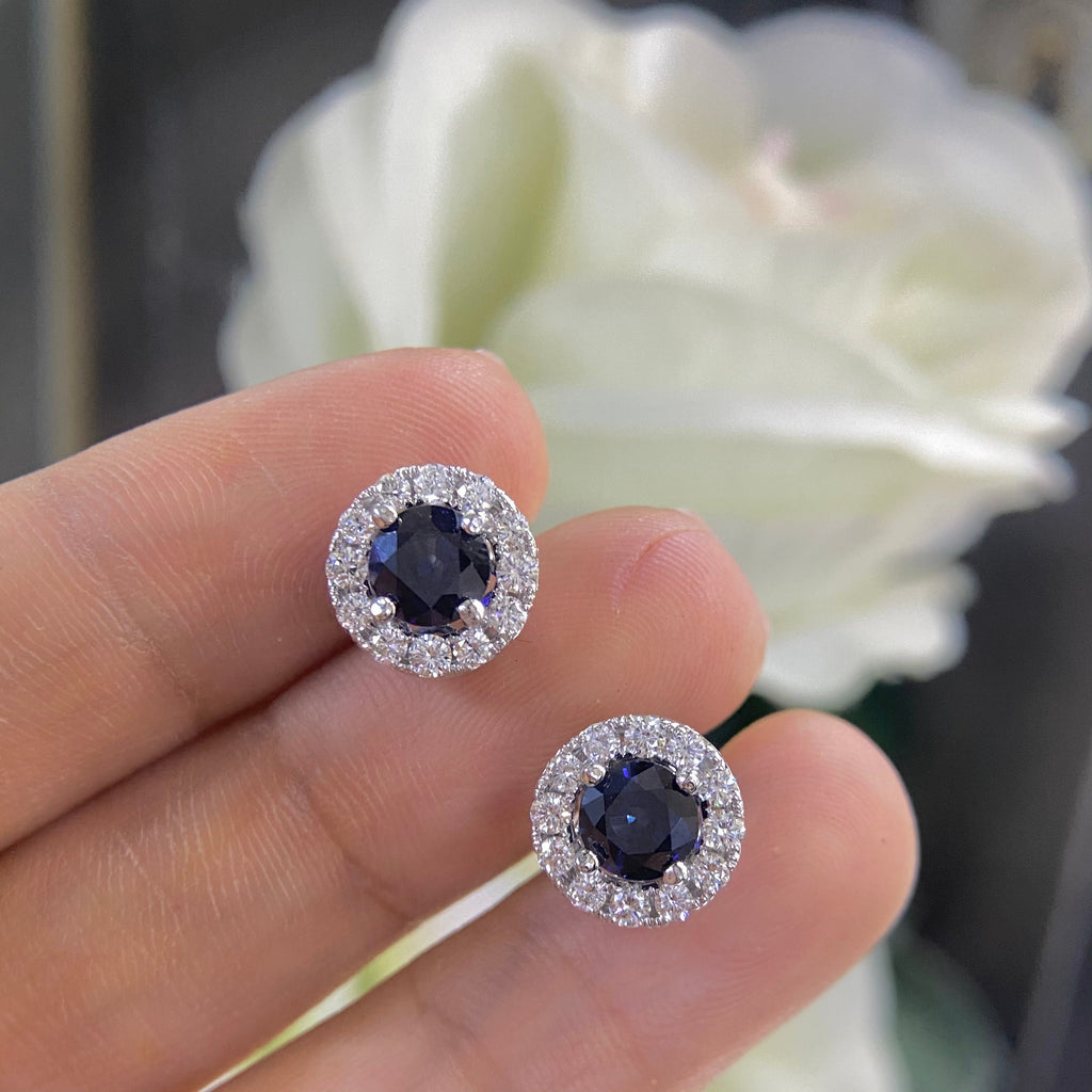 Diamond and blue Sapphire earrings  halo design set in 14K WHITE GOLDSDER035 I,TJJ __etsy:4187367522