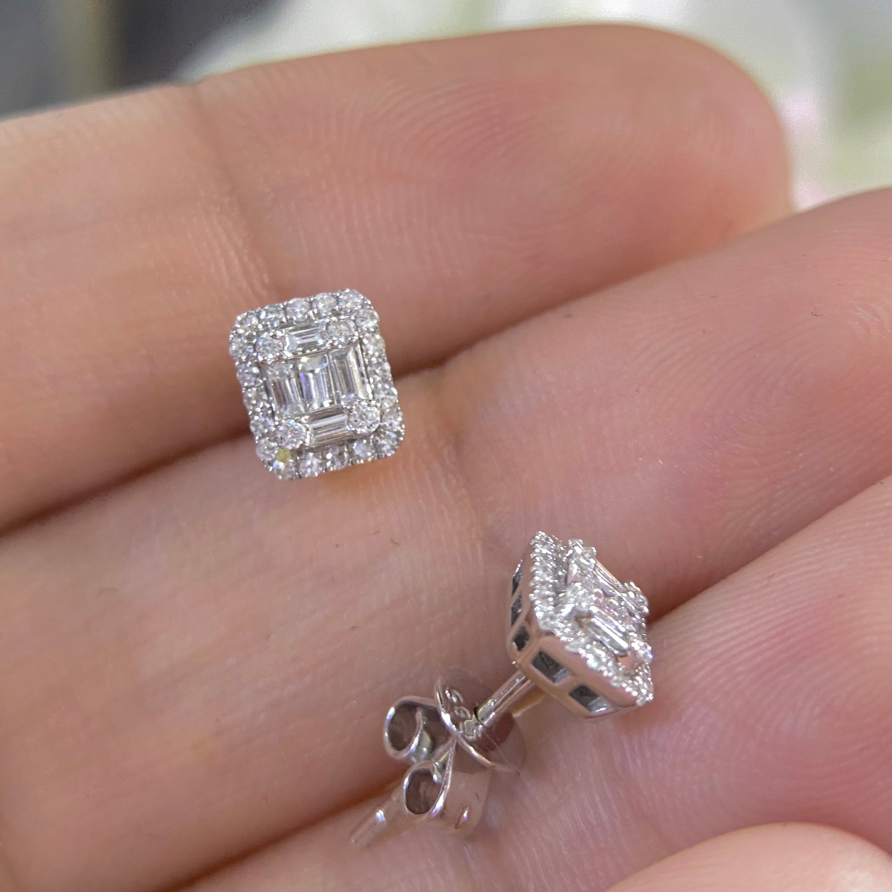 14K White Gold Diamonds Earrings features baguette and round cut  0.31ct. NJT __etsy:4187549436