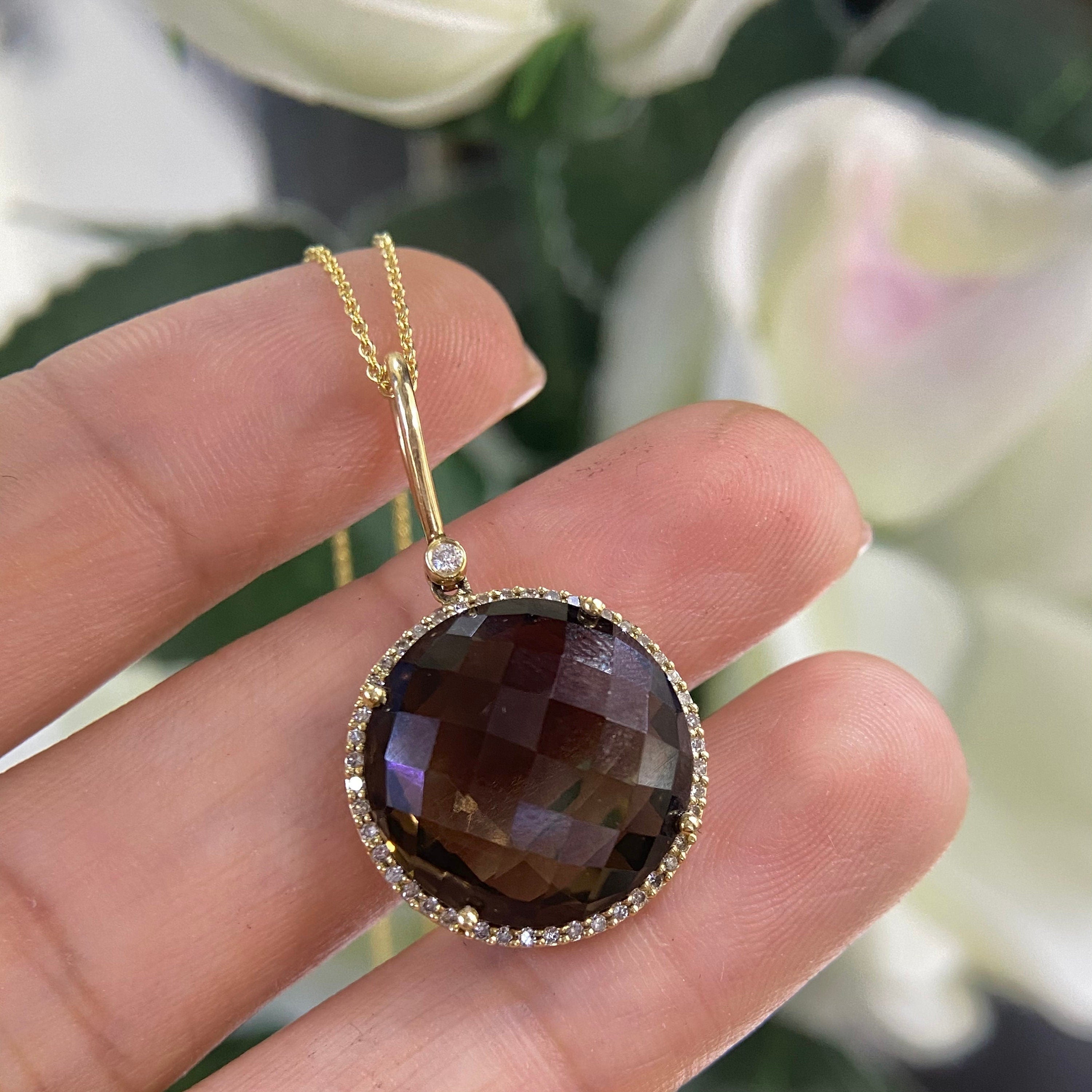 14K Yellow Gold Smoky Topaz with Diamonds Pendent ATJ (etsy image id: 4204013358)