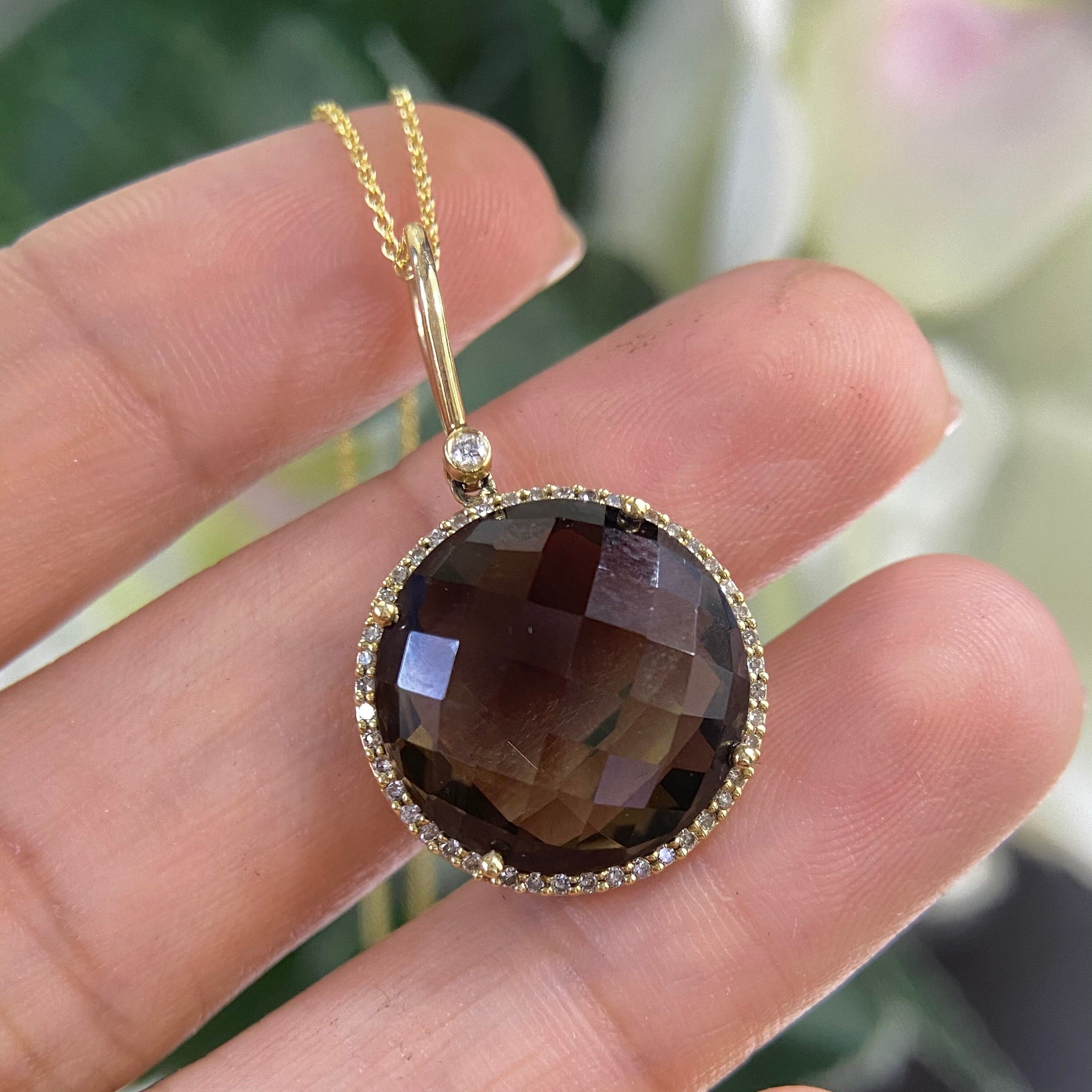 14K Yellow Gold Smoky Topaz with Diamonds Pendent ATJ (etsy image id: 4204013726)