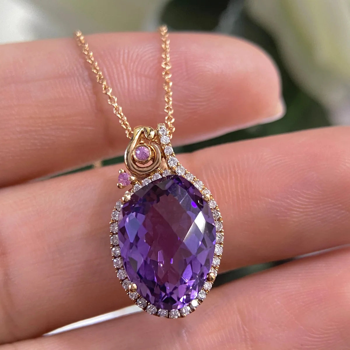 18K Rose Gold Pendant & 14K Rose Gold Chain with 0.25ct Diamonds, 0.05ct Pink Sapphire & 6.20ct Amethyst