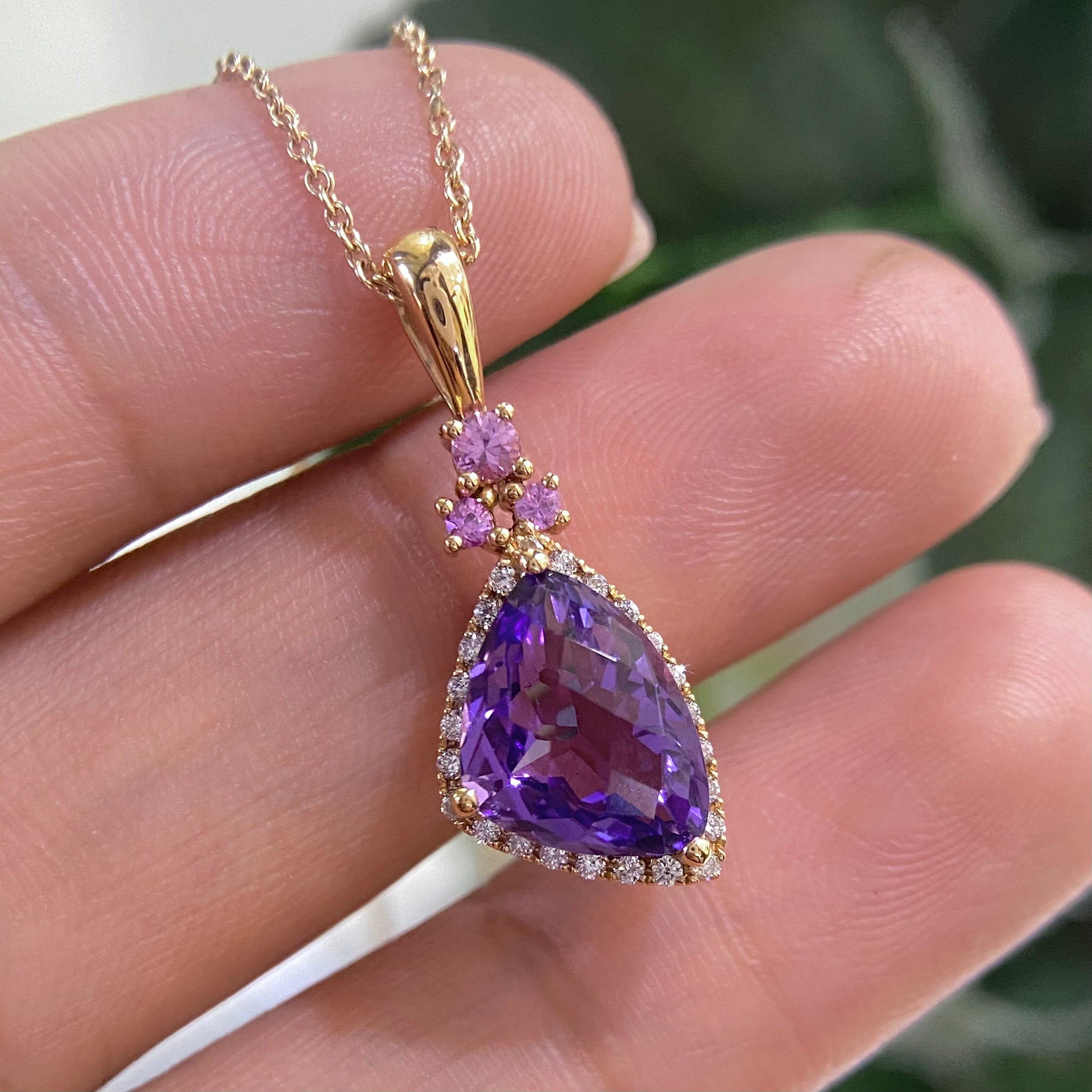 18K Rose Gold  3.20ct Amethyst & 0.15ct in Diamonds Pendant AJJ __etsy:4204298146