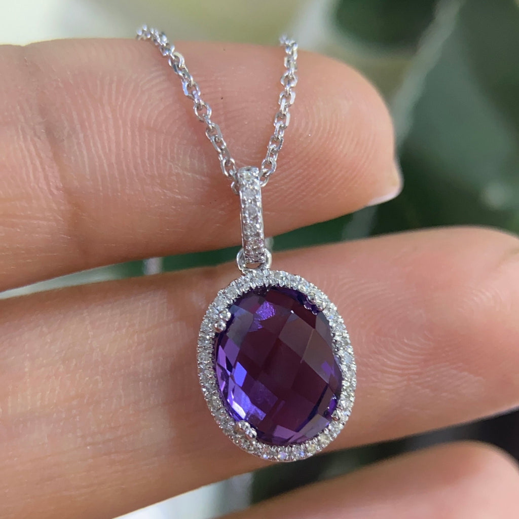 14K White Gold Pendant 2.69ct Oval Amethyst & 0.10ct in diamond set in Halo Setting GZT (etsy image id: 4207113824)