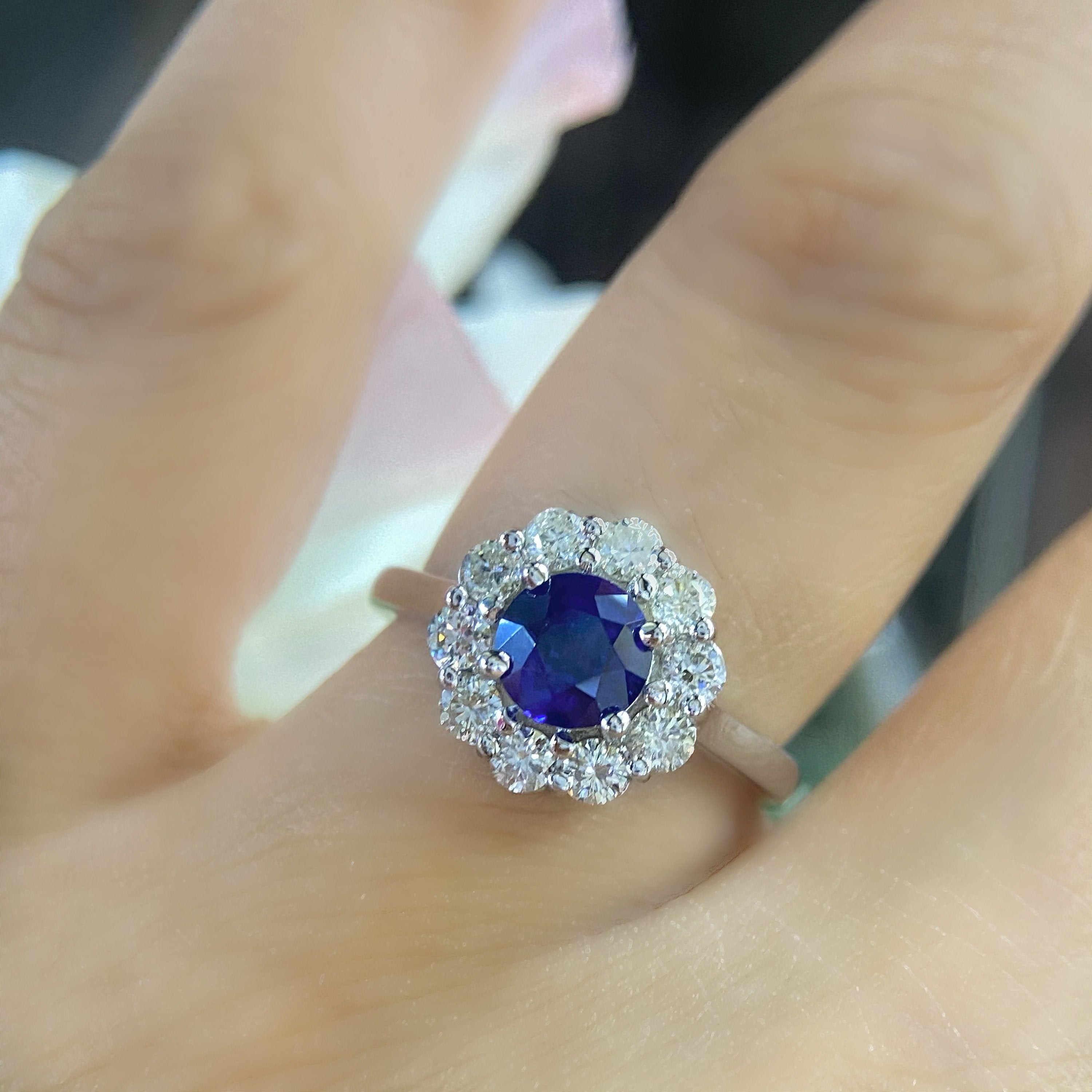 14K White Gold Diamond and Blue Sapphire Ring. Natural Diamonds and Natural Sapphire. 1.00ct in Sapphire & 0.66ct in Diamonds Ring SI,F-G. (etsy image id: 4211919387)