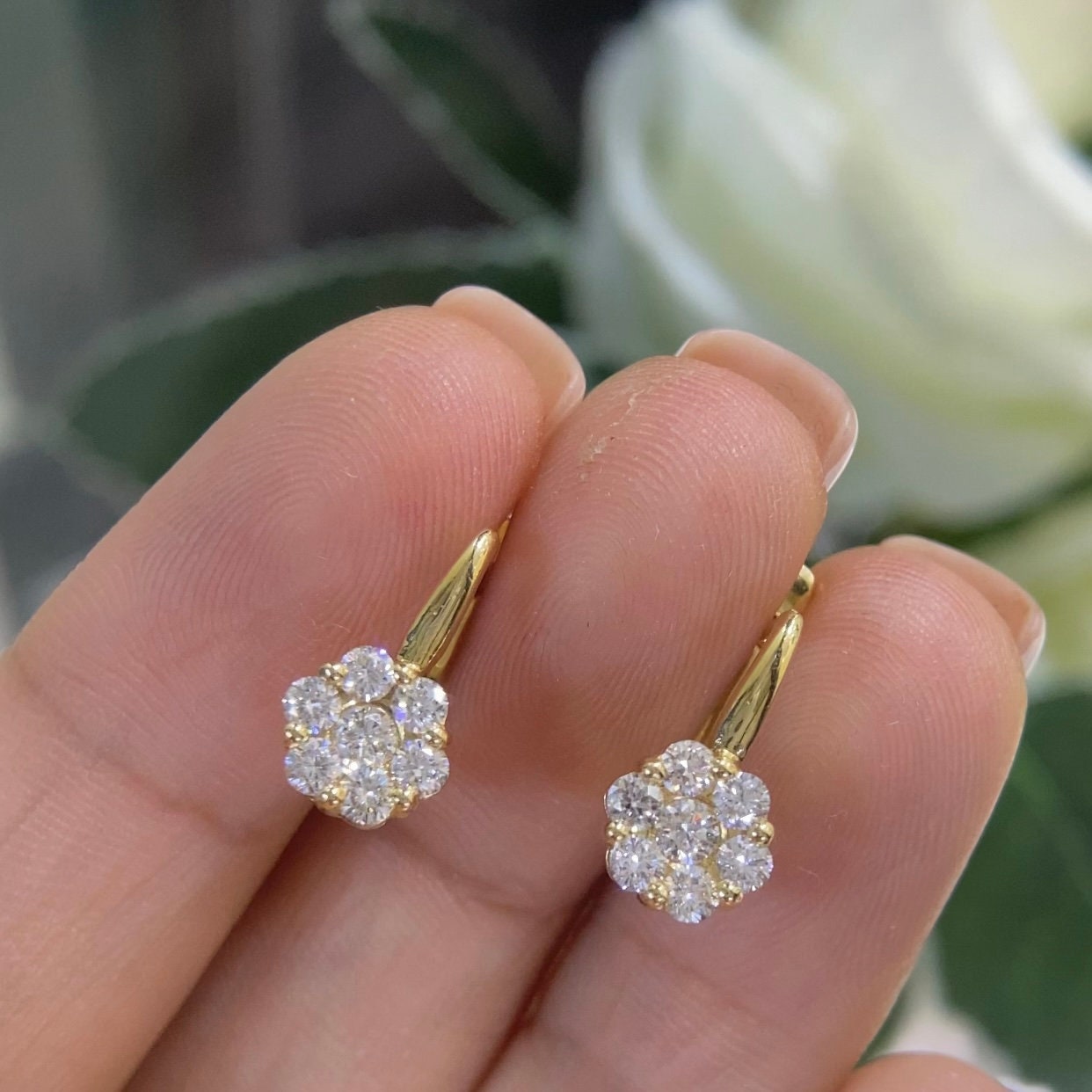 14K Yellow Gold  little Flowers 0.77ct in Diamonds Earrings (etsy image id: 4230114188)