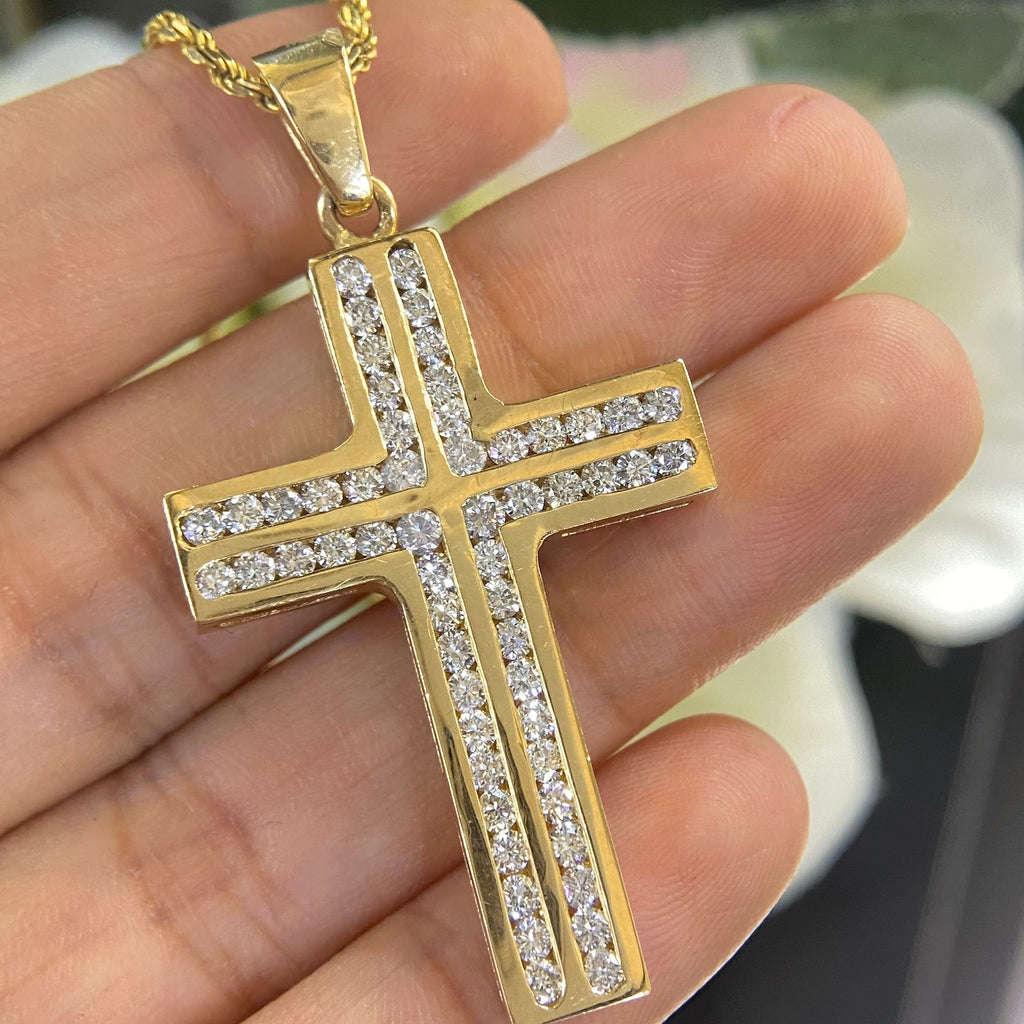 Cross Pendant in 14k Yellow Gold with 2.45ct in round cut diamonds. SI G-H DP19 IEJJ __etsy:4234594811