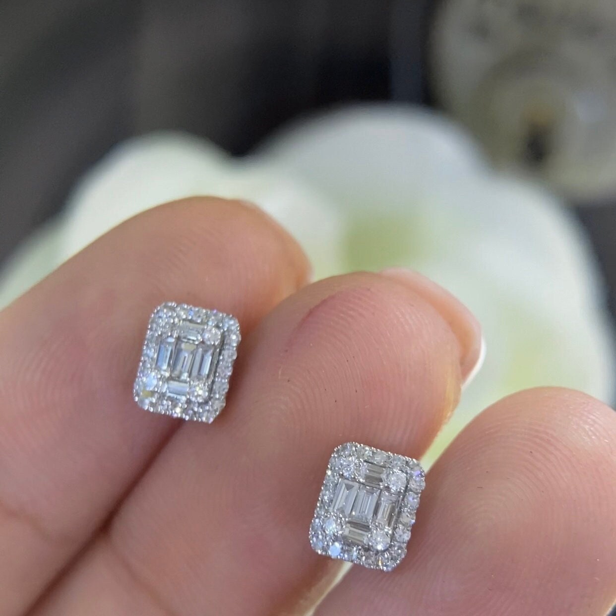 14K White Gold Diamonds Earrings features baguette and round cut  0.31ct. NJT __etsy:4235228765