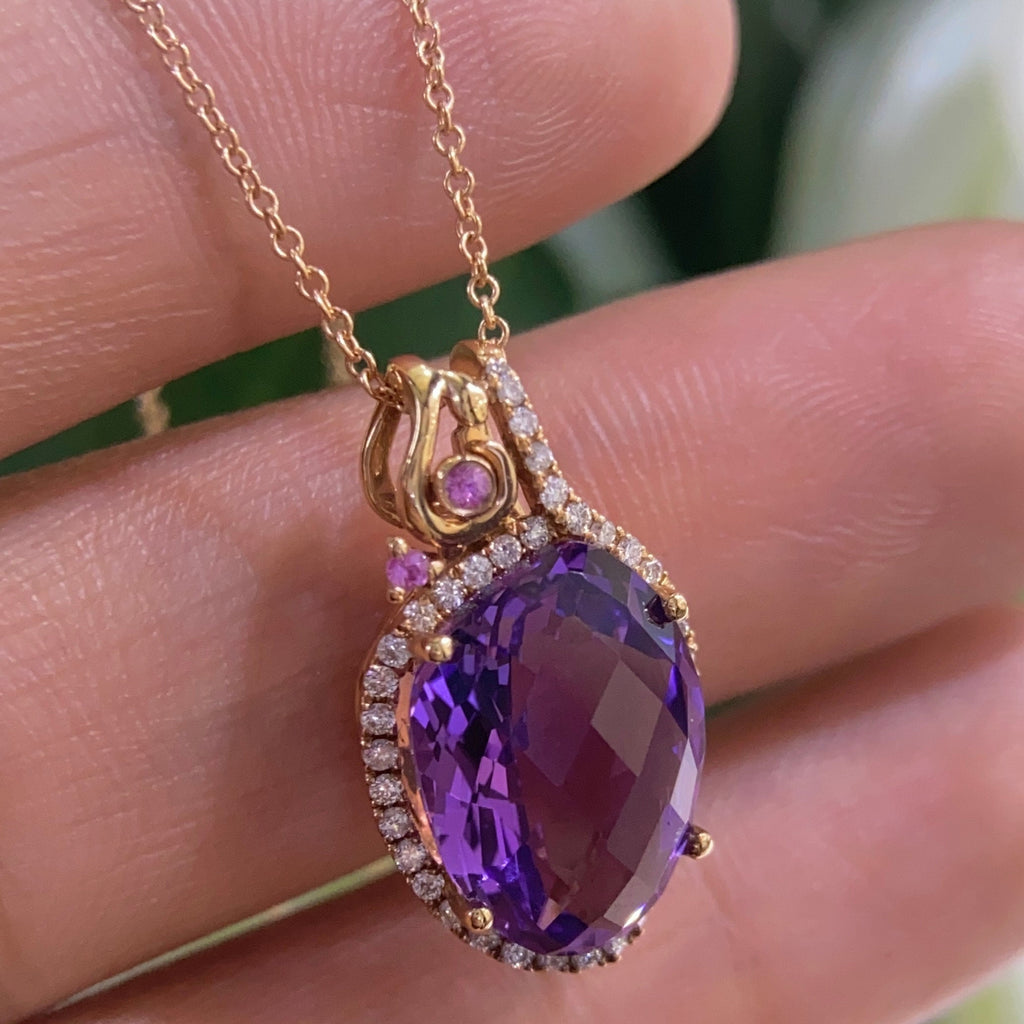 18K Rose Gold  6.20ct Amethyst & 0.25ct in Diamonds Pendant TJJ (etsy image id: 4251927299)