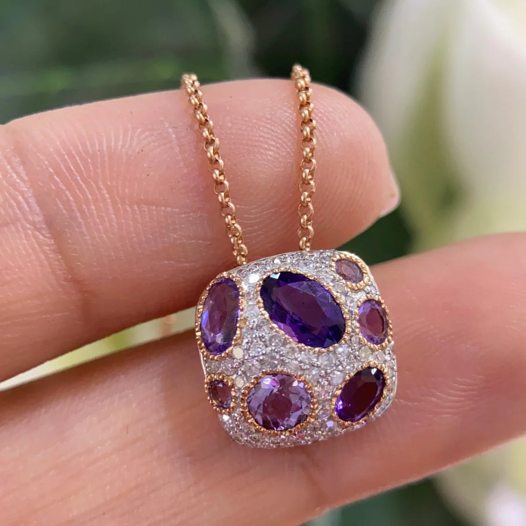 14K Rose Gold 0.28CT Amethyst & 0.26CT Diamond Pendant Necklace – 15.75” W8386