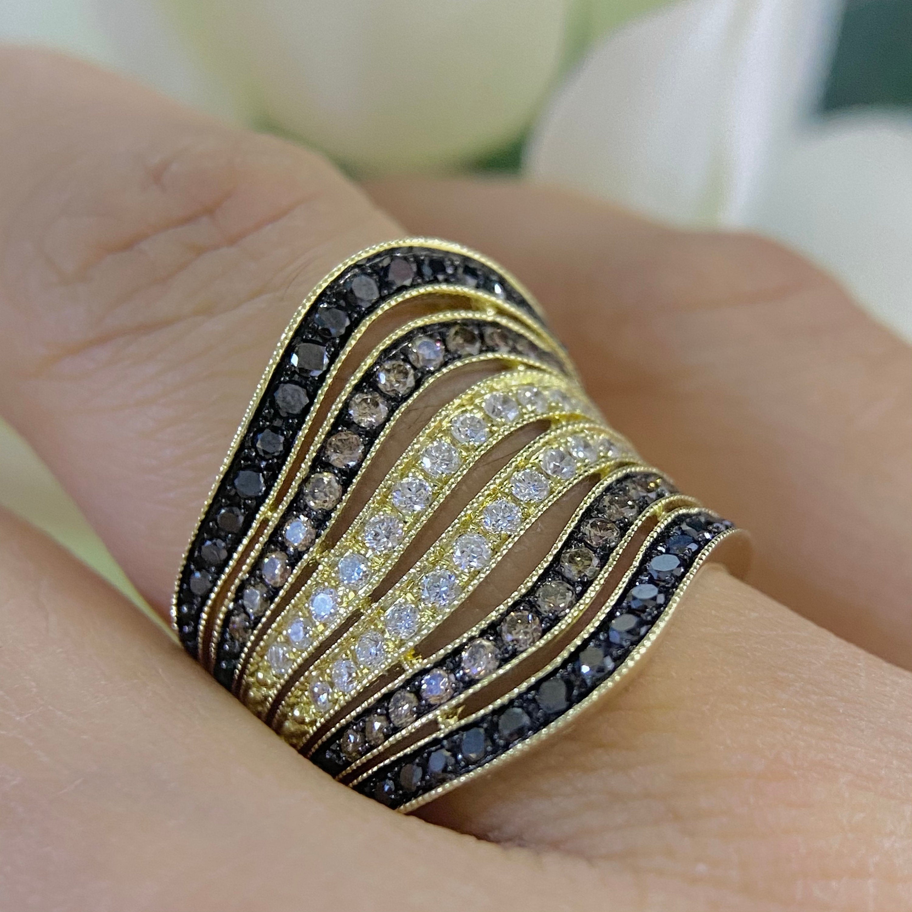 Yellow Gold Six Row Wave Statement Ring with Black and White Earth Mined Diamonds (etsy image id: 4397894170)