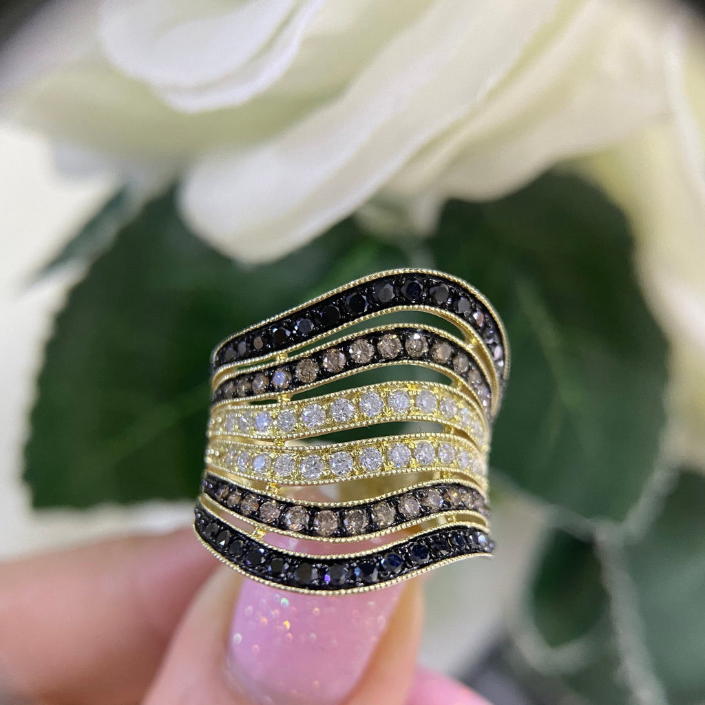 Yellow Gold Six Row Wave Statement Ring with Black and White Earth Mined Diamonds (etsy image id: 4397894400)