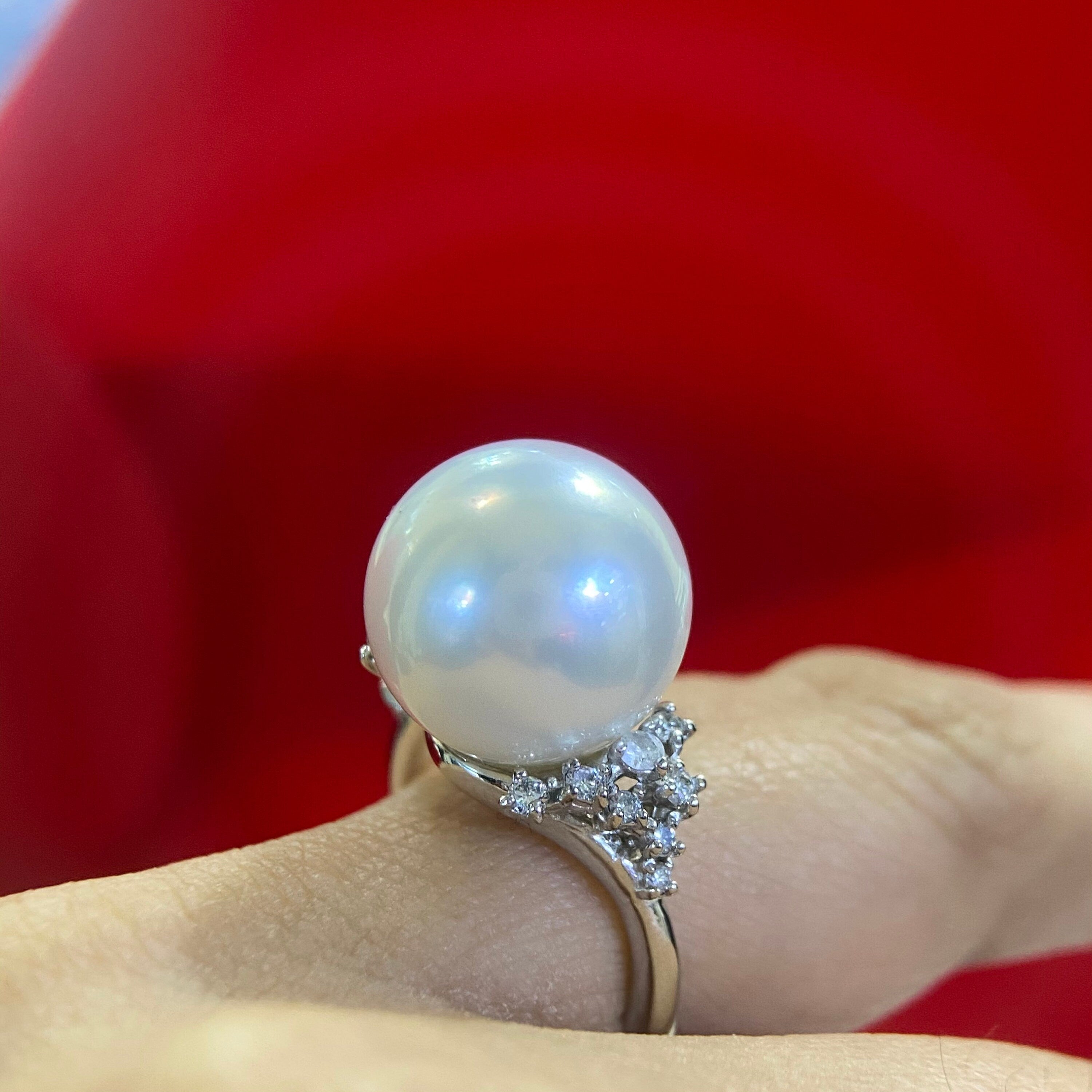 Natural South Sea Pearl 14mm, set in 14K White Gold Ring with 0.33ct in Diamonds. (etsy image id: 4516748870)