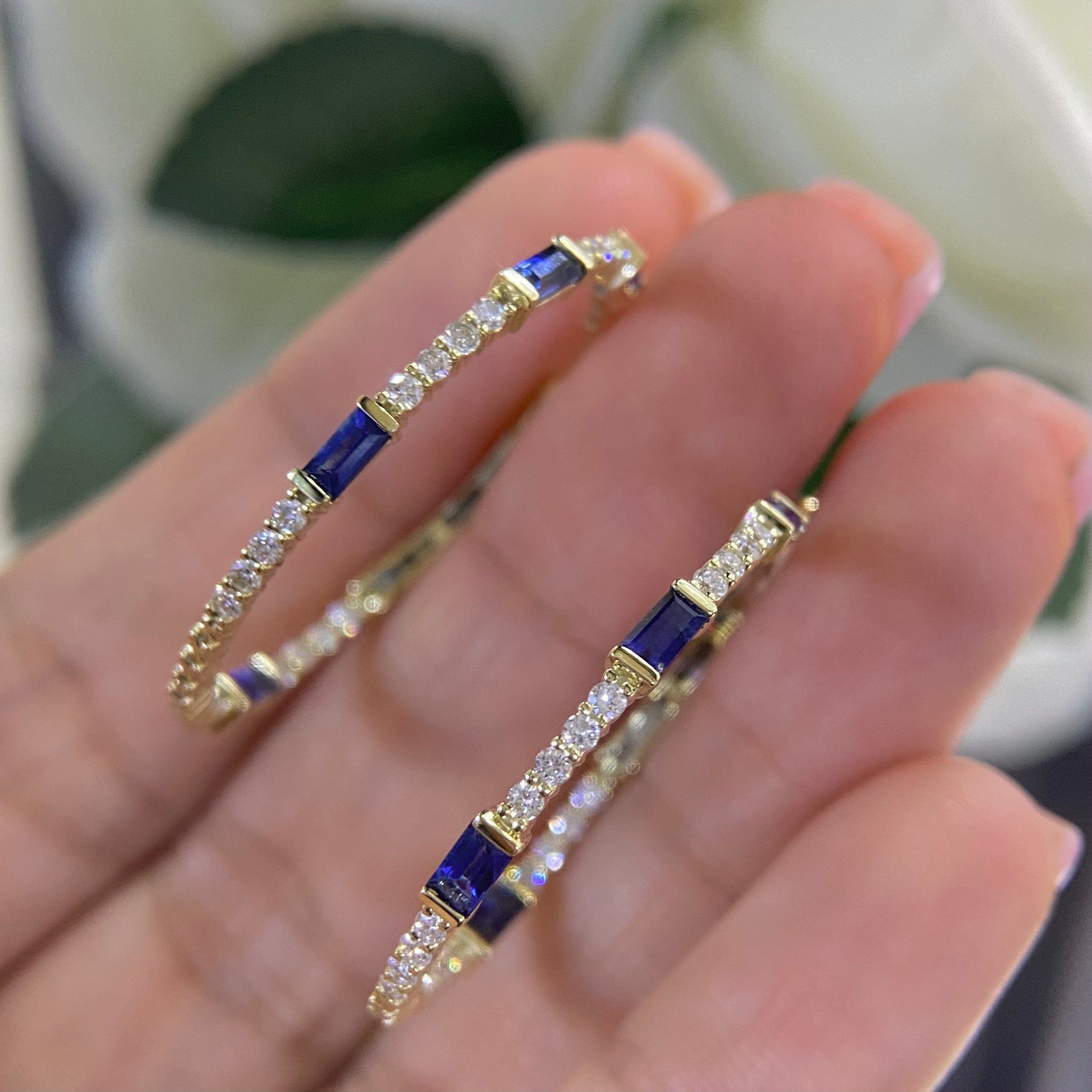 14K Yellow Gold 0.85ct Diamonds & 1.29ct Sapphires Hoops-Earrings (etsy image id: 4556862883)