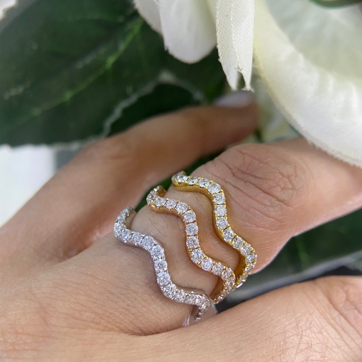 Three Row Curve Rings in Yellow, Rose and White Gold Full Circle Diamond Stacking Rings (etsy image id: 4767548331)