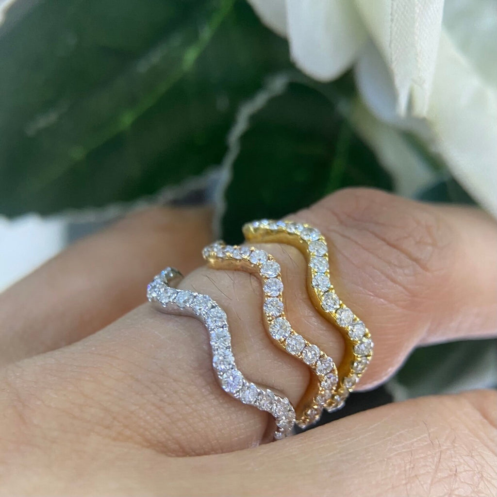 Three Row Curve Rings in Yellow, Rose and White Gold Full Circle Diamond Stacking Rings (etsy image id: 4767548339)
