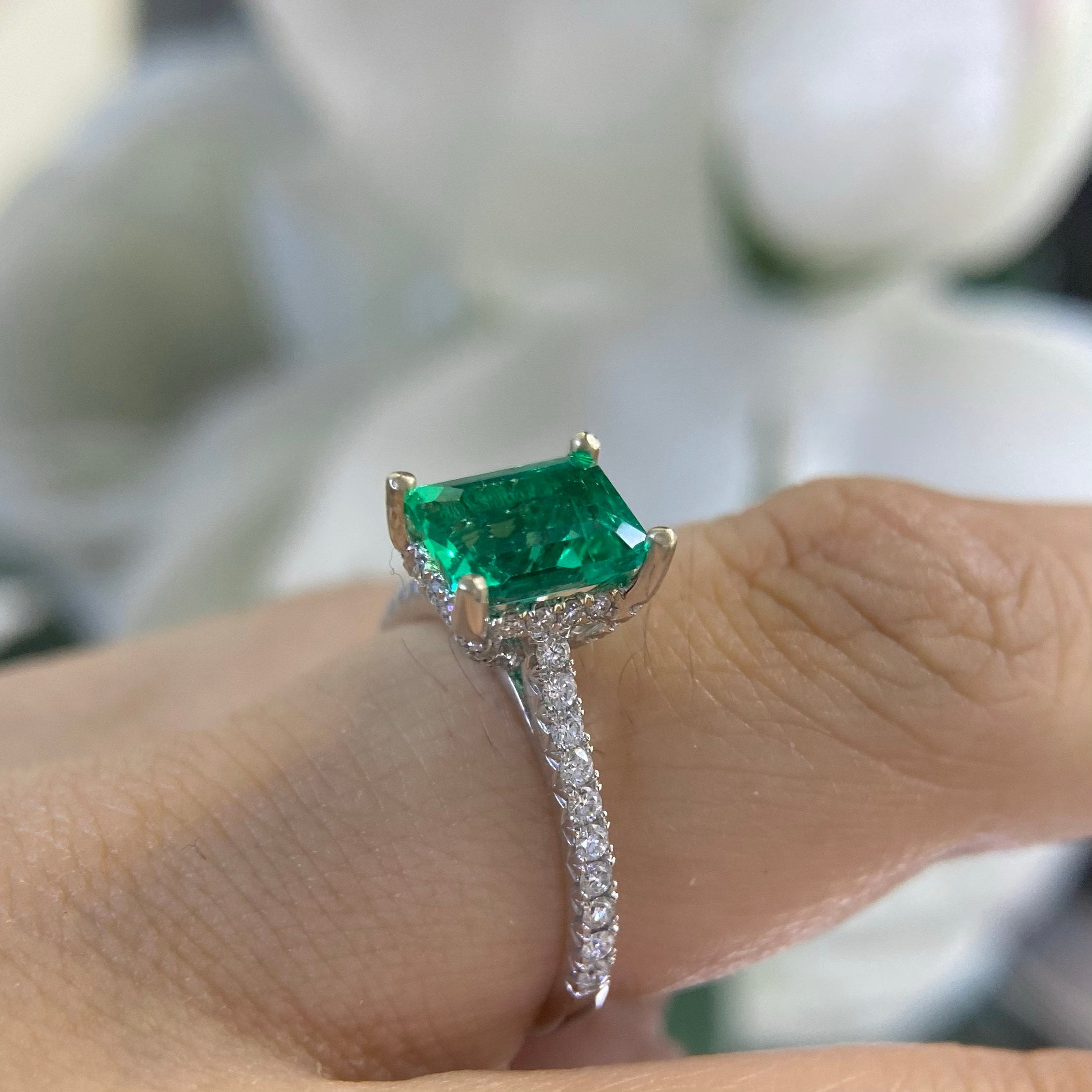 White Gold Compressed Green Emerald Ring Set in Prong Setting with Diamonds on Band (etsy image id: 4767580039)