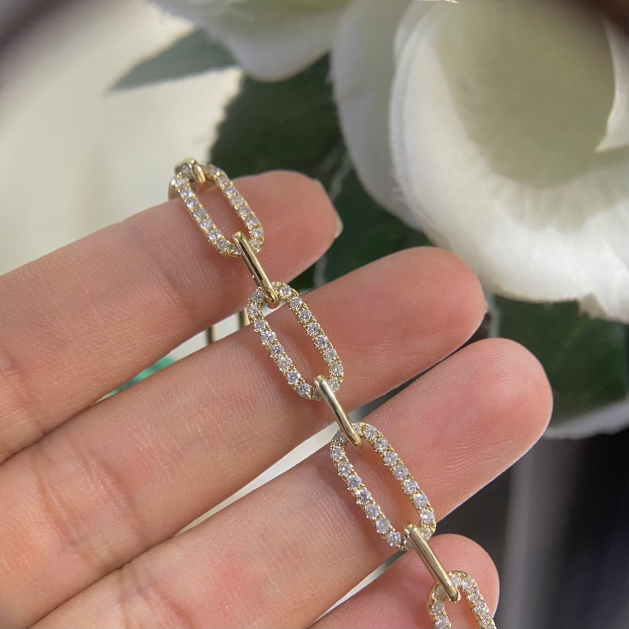 Yellow Gold Paperclip Link Bracelet with Round Cut Diamonds (etsy image id: 4770122879)