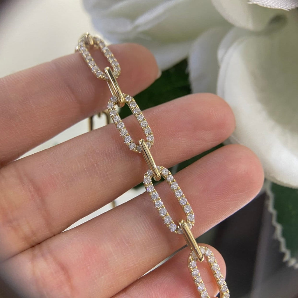 Yellow Gold Paperclip Link Bracelet with Round Cut Diamonds (etsy image id: 4770122945)