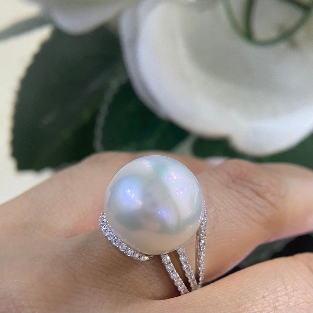 White Gold Diamond Ring Featuring a Large Natural Pearl (etsy image id: 4776720041)