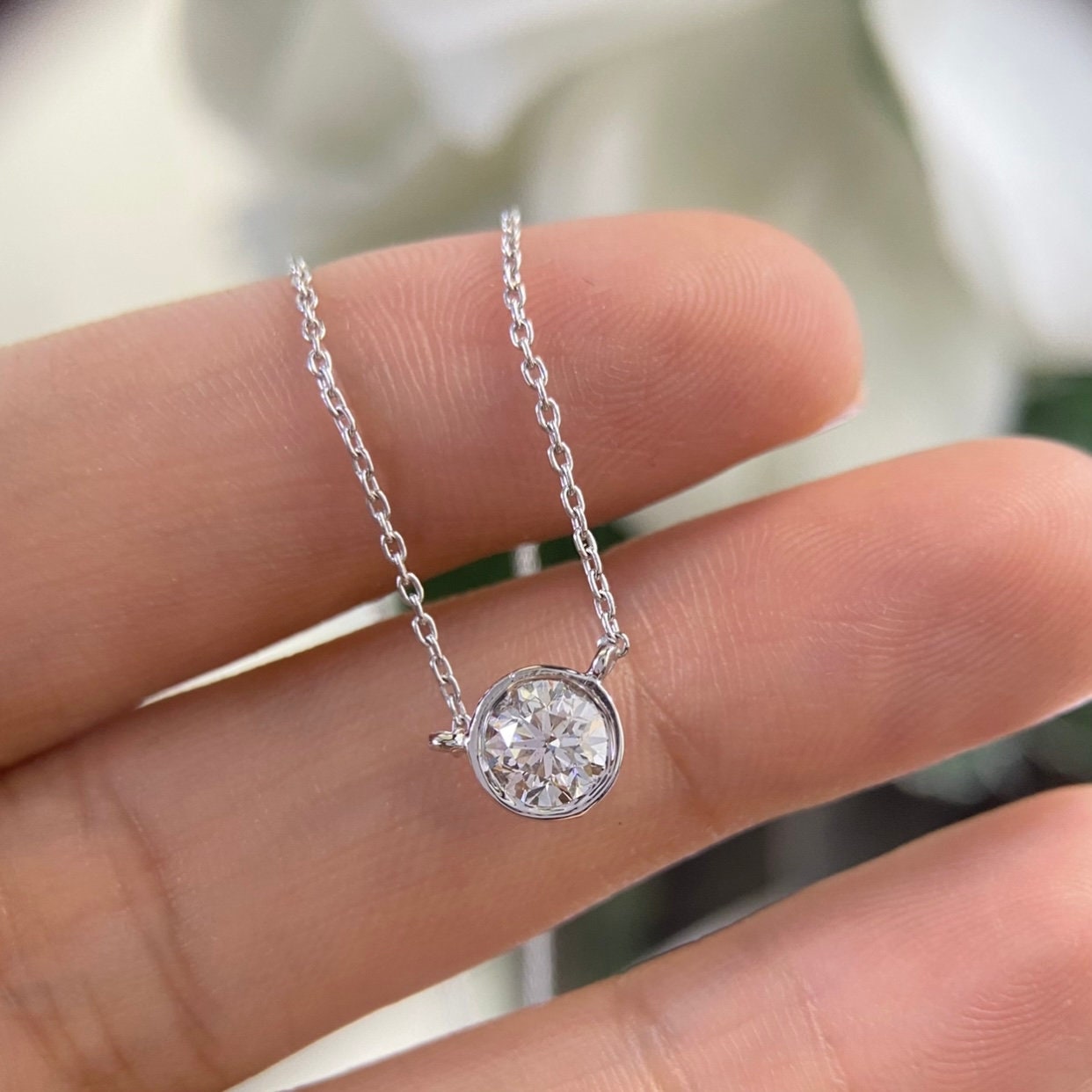 14K White Gold Natural Diamond 0.70ct Pendant Necklace. F color. VS2 Clarity DP0026 IZJJ. (etsy image id: 4791430624)