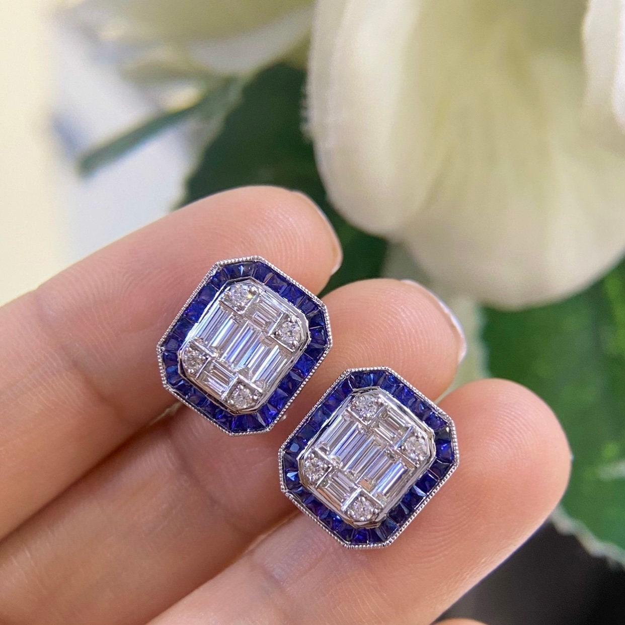 18K White Gold 1.28ct Sapphires Earrings with 0.94ct Diamonds. SDER007. ISTJ (etsy image id: 4791760240)