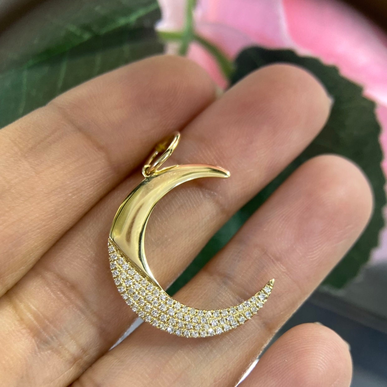 Yellow Gold The Moon Pendant with Pave Set Diamonds (etsy image id: 4813863445)