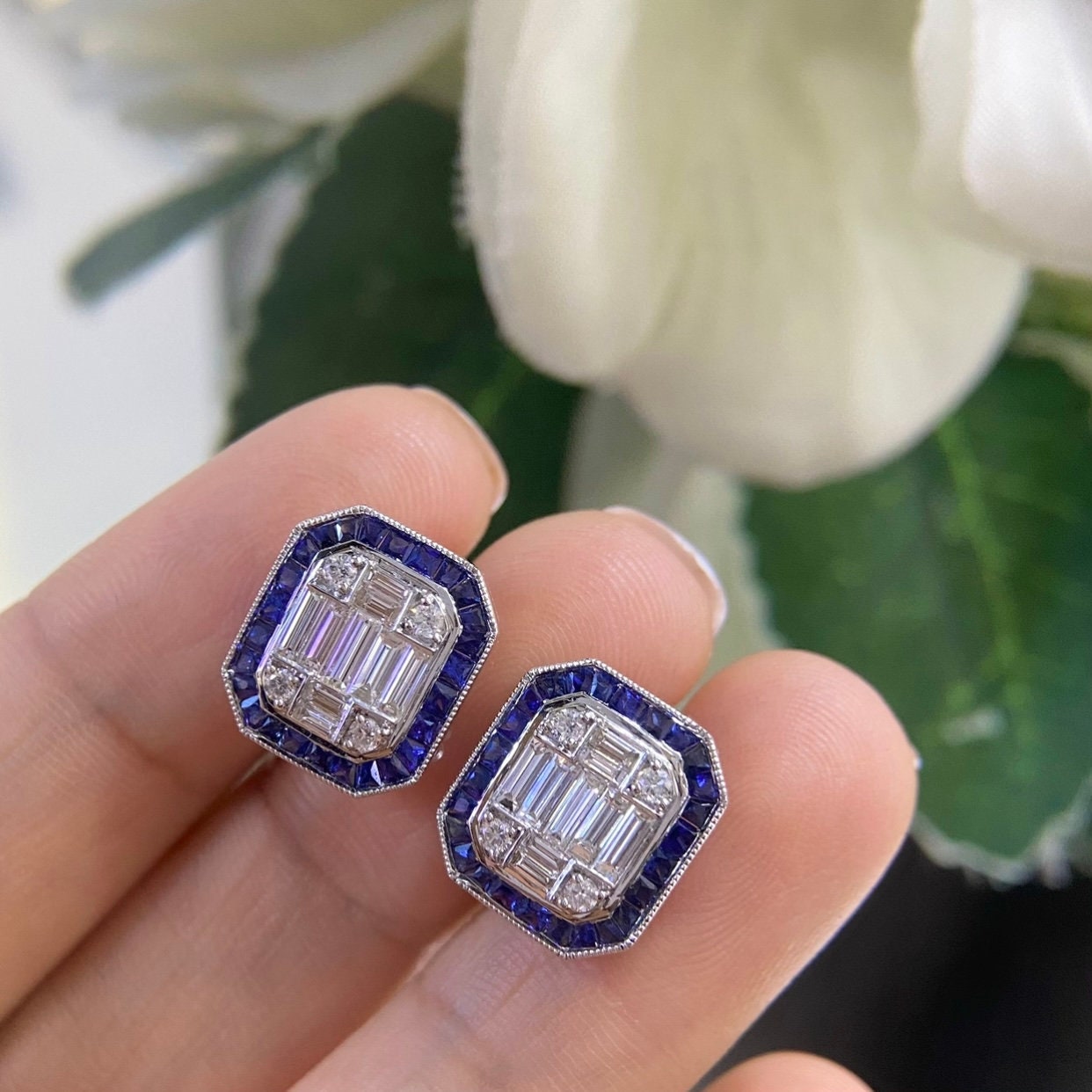 18K White Gold 1.28ct Sapphires Earrings with 0.94ct Diamonds. SDER007. ISTJ (etsy image id: 4839990733)