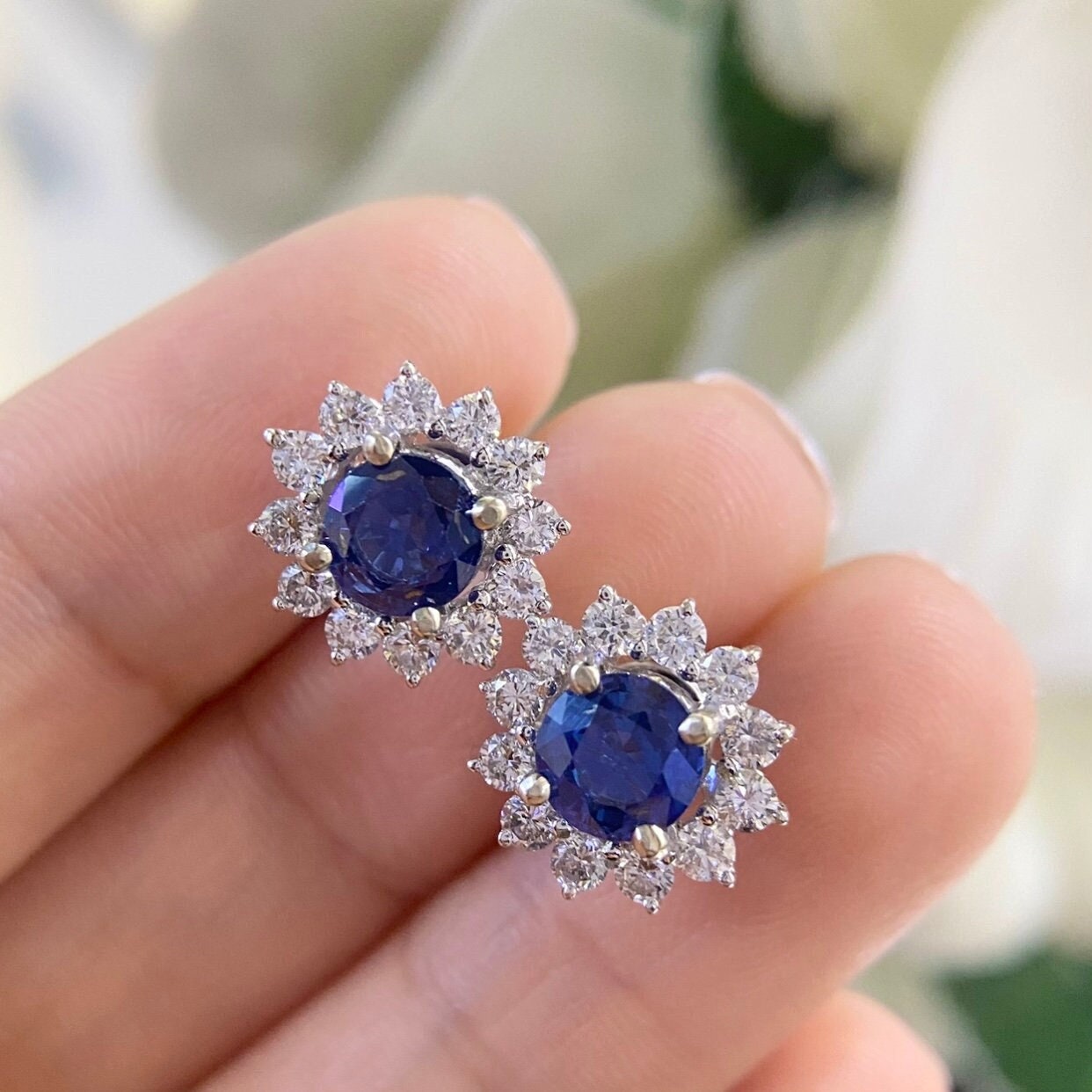 14K White Gold Earrings 2.46ct Sapphire with 1.15ct in Diamonds. SDER014 GJJJ (etsy image id: 4840030217)