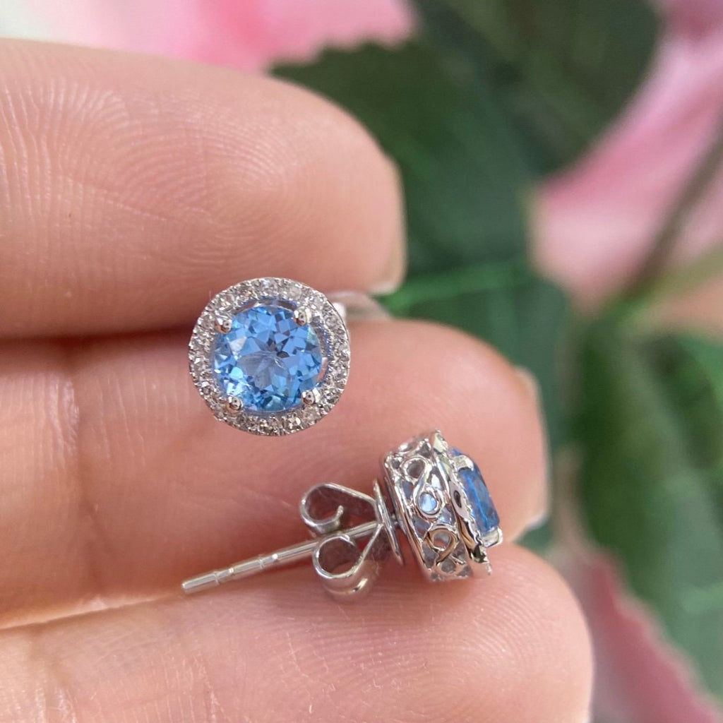 Natural  1.23ct Blue Topaz Earrings with 0.11c t in Diamonds. DCE-1422-162 (etsy image id: 4887378819)