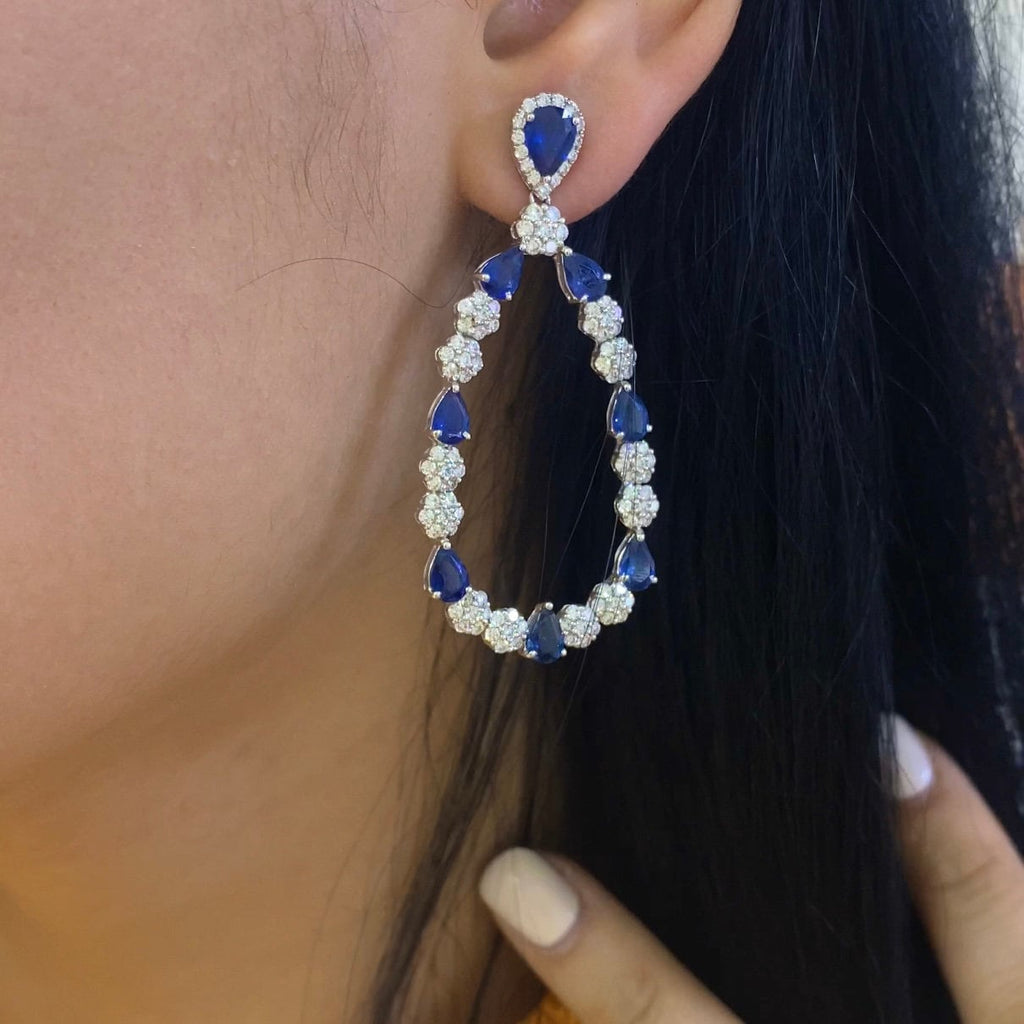 18K White Gold Earrings with Pear Shape Blue Sapphires and Natural Brilliant Round Diamonds. 8.05ct Natural Sapphires & 3.24ct in Diamonds. (etsy image id: 4901666522)