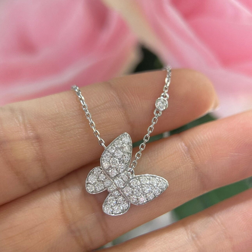 18K White Gold Butterfly 0.75ct Natural Diamond Pendant Necklace IJJJ __etsy:4922776746