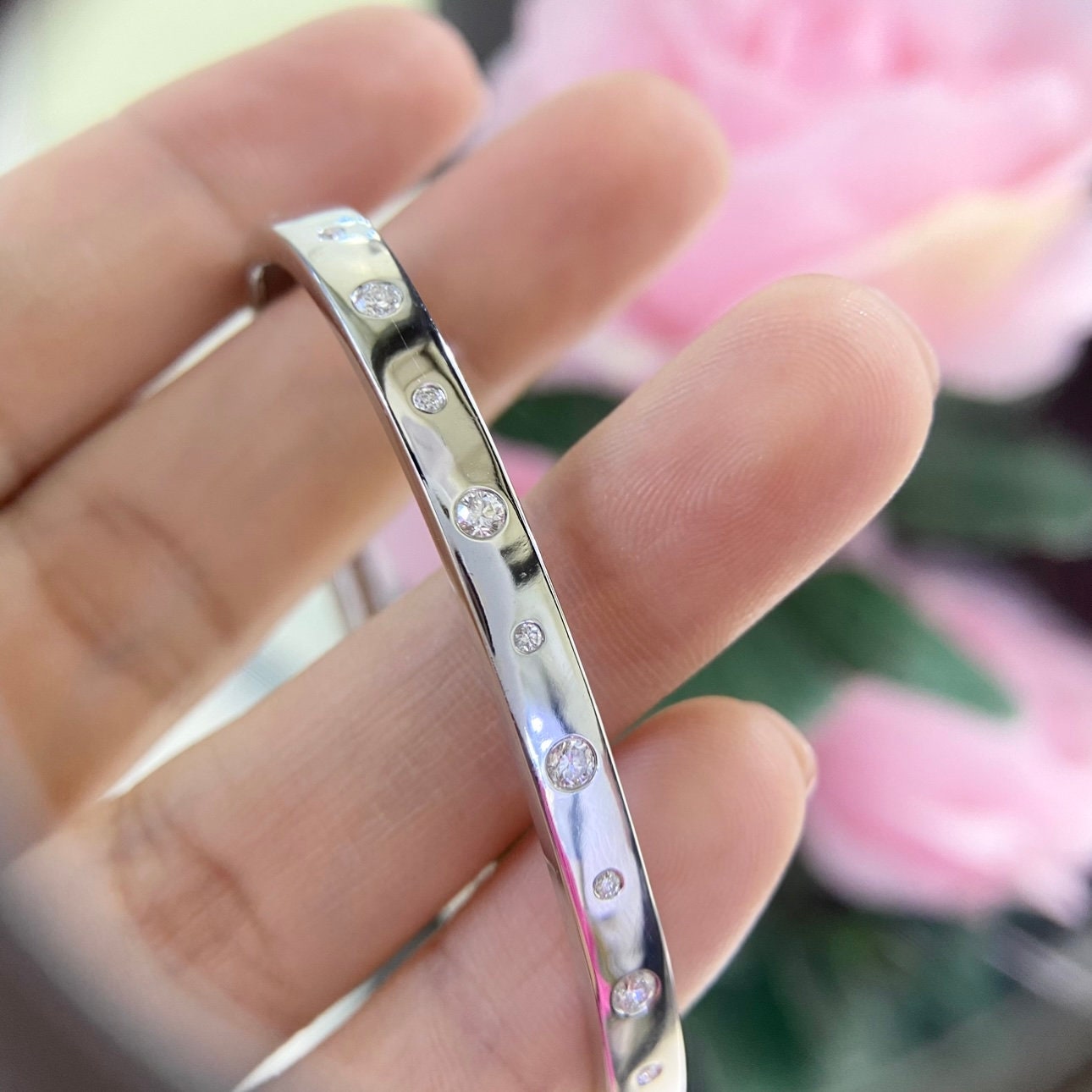 14K White Gold Bangle with 0.83ct Natural Diamonds (etsy image id: 4946659435)