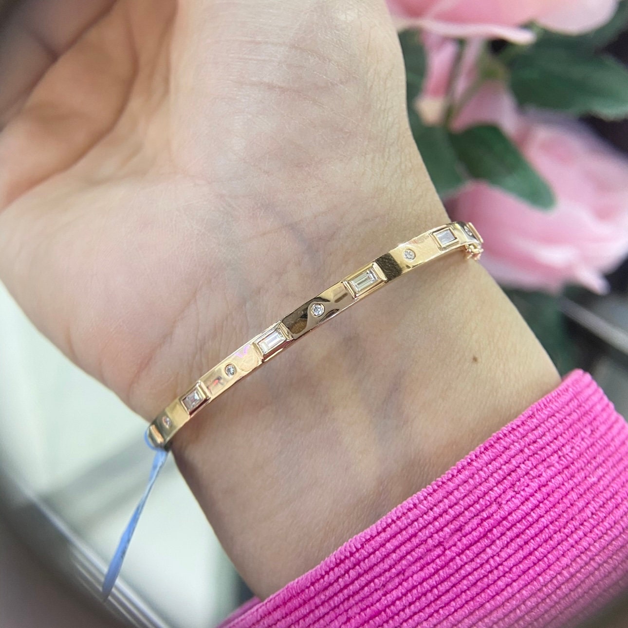 14K Rose Gold Bangle with 0.95ct Natural diamonds. (etsy image id: 4946680397)