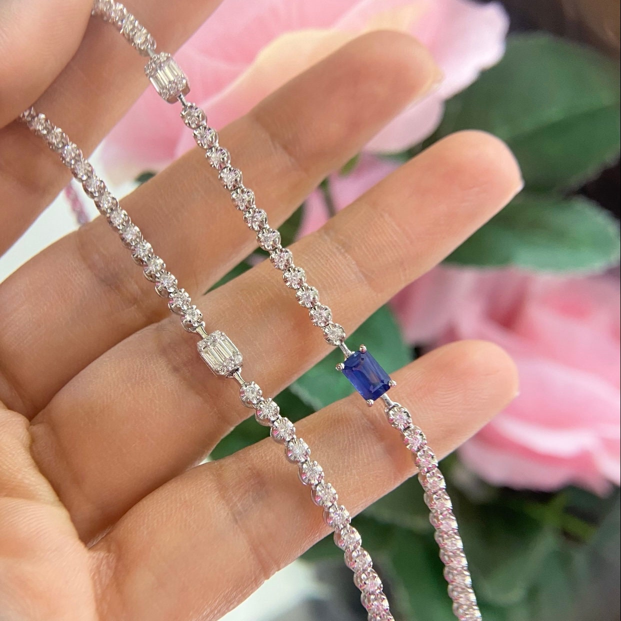 18K White Gold Tennis Necklace with 1.94ct Natural Sapphires & 3.02ct in Natural Diamonds (etsy image id: 4947084423)