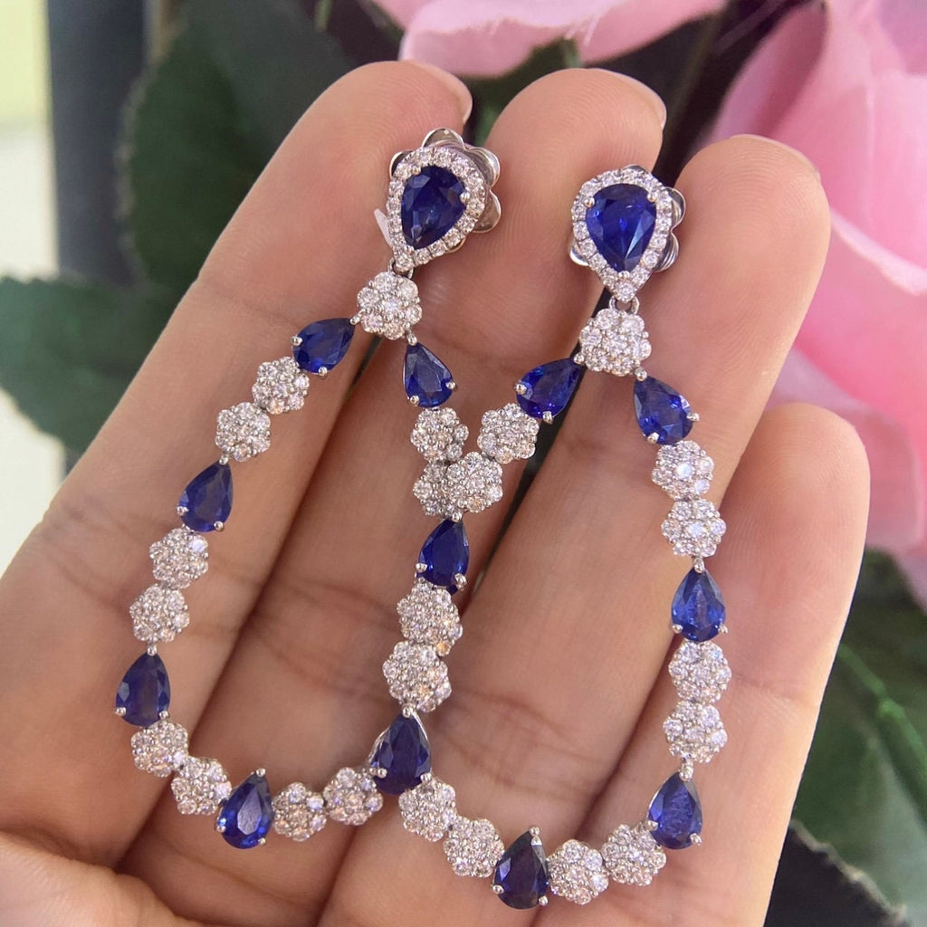 18K White Gold Earrings with Pear Shape Blue Sapphires and Natural Brilliant Round Diamonds. 8.05ct Natural Sapphires & 3.24ct in Diamonds. (etsy image id: 4949937565)