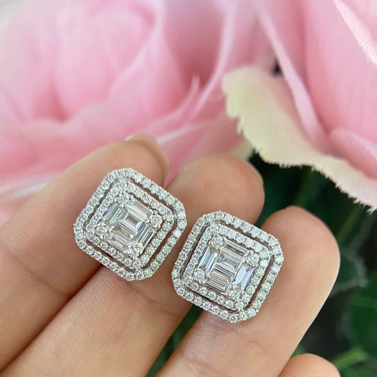 14K White Gold Statement Earrings with Emerald and Round Brilliant 1.62ct Natural Diamonds (etsy image id: 4961260003)