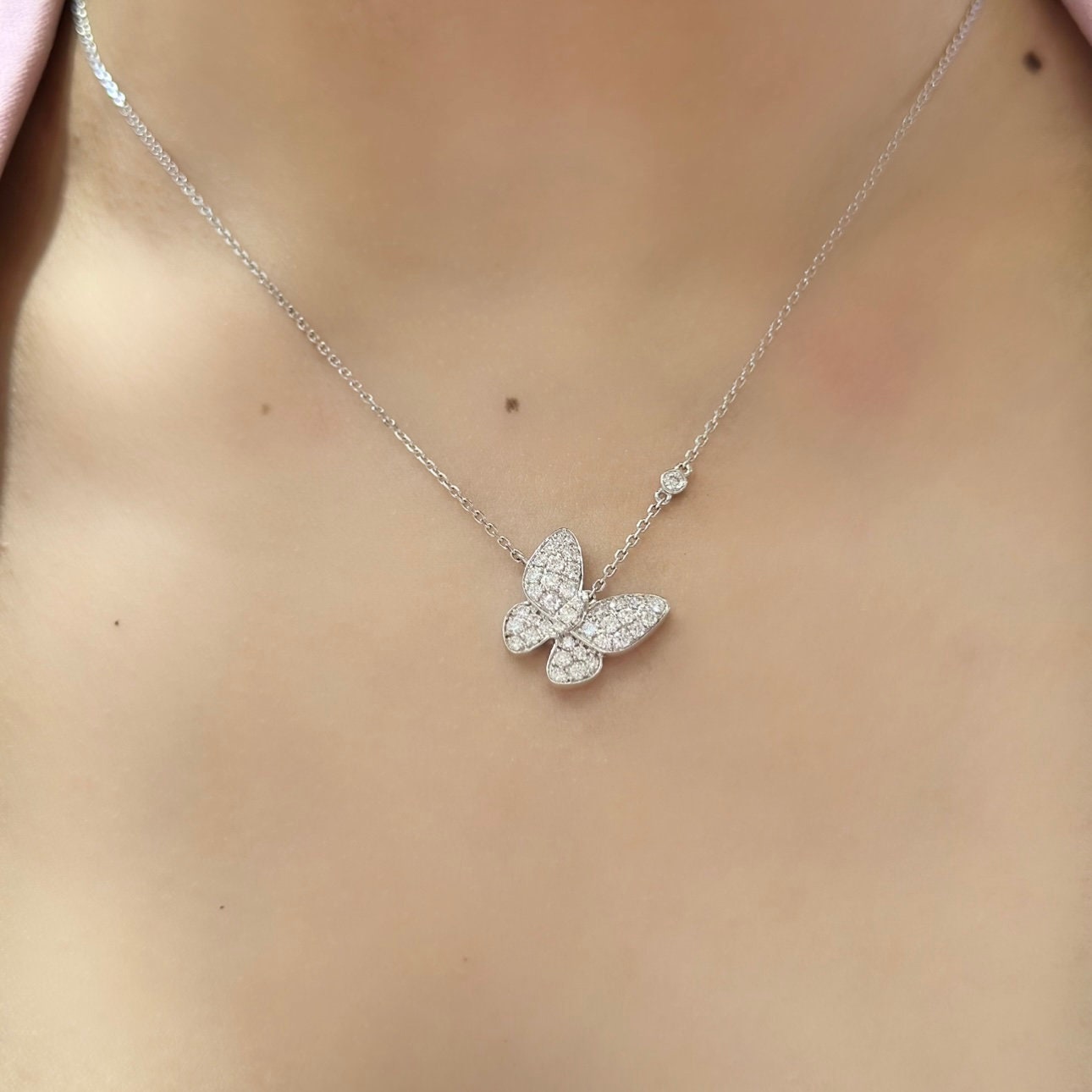 18K White Gold Butterfly 0.75ct Natural Diamond Pendant Necklace IJJJ __etsy:4971028357