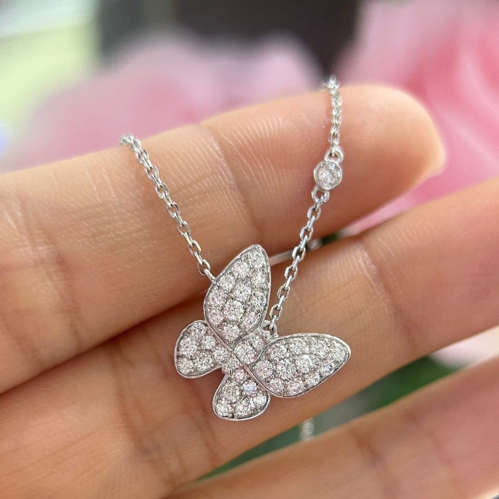 18K White Gold Butterfly 0.75ct Natural Diamond Pendant Necklace IJJJ __etsy:4971036051
