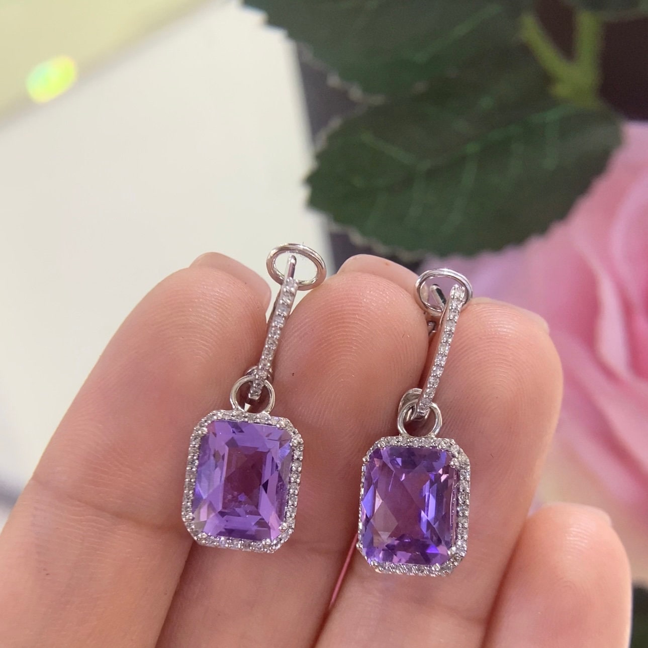 14K White Gold Earrings 6.78ct in Amethyst with 0.20ct in Diamonds. DC-E9832 (etsy image id: 5024800320)