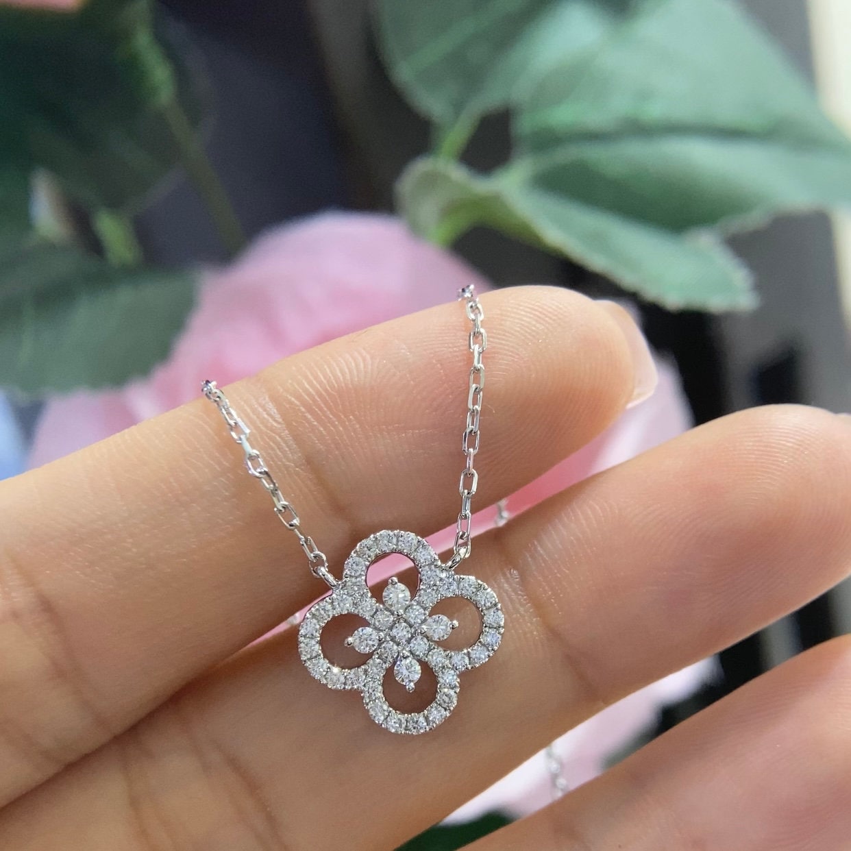 White Gold Necklace with Diamond Cluster Clover Pendant Necklace (etsy image id: 5028221658)