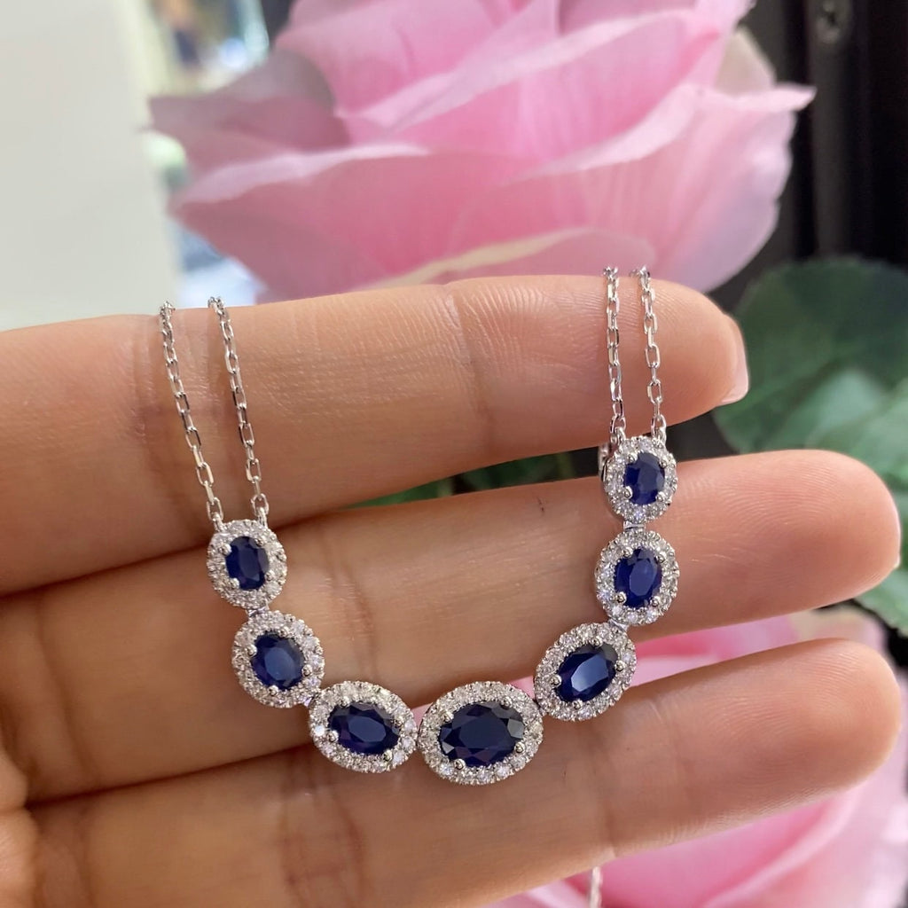 White Gold Oval Cut Blue Sapphire Necklace and Round Cut Diamonds __etsy:5028286140