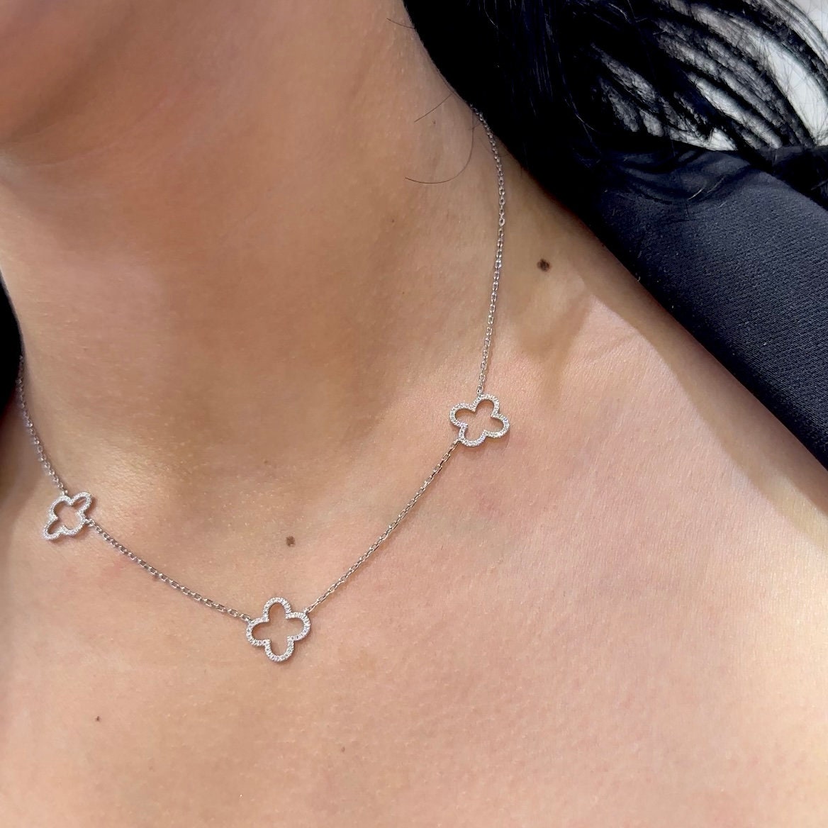 White Gold Necklace with Three Diamond Clover (etsy image id: 5028326950)
